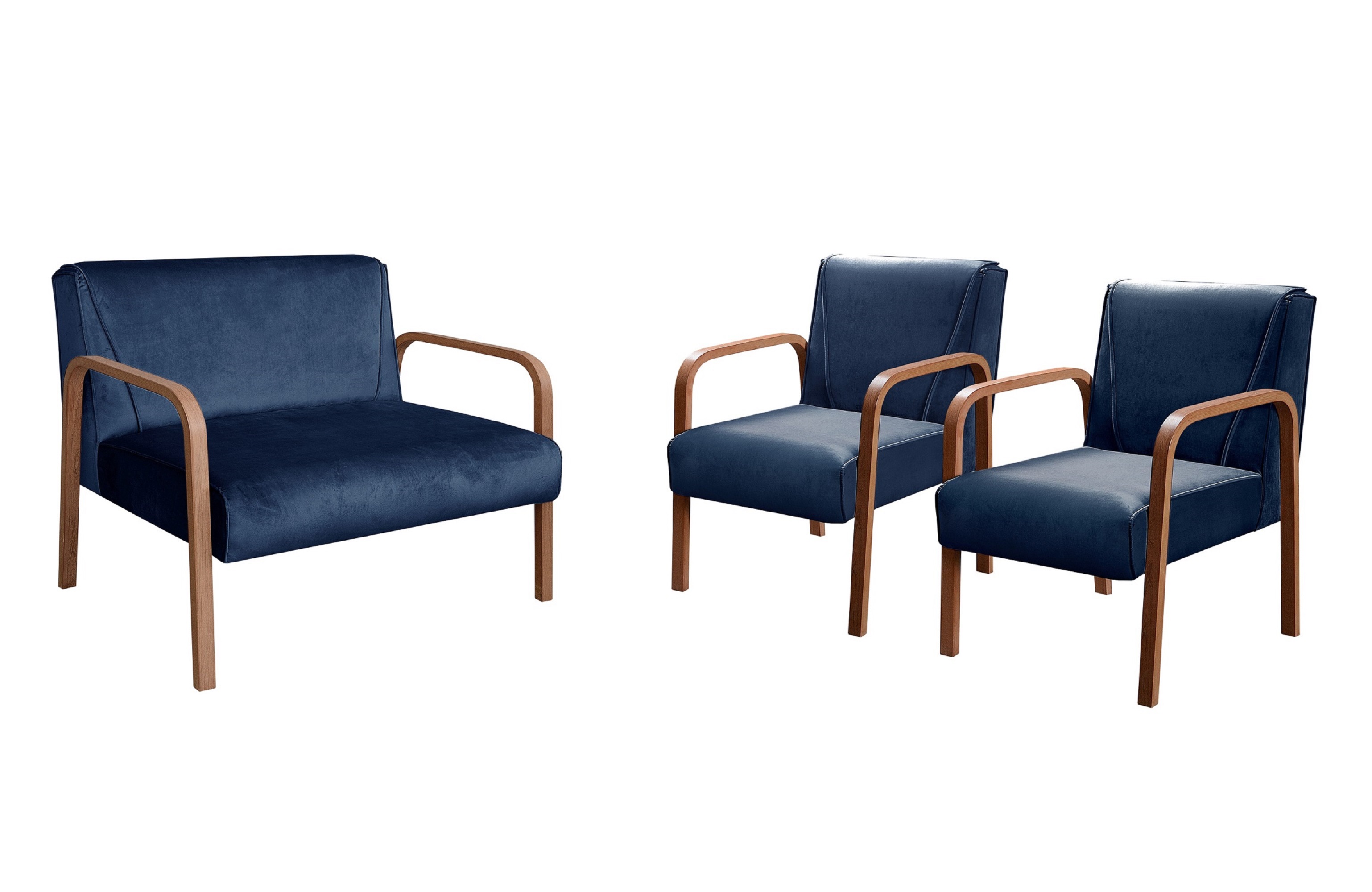 Conjunto Anita Braço Madeira Para Sala, TV, Estar - Suede Azul Marinho