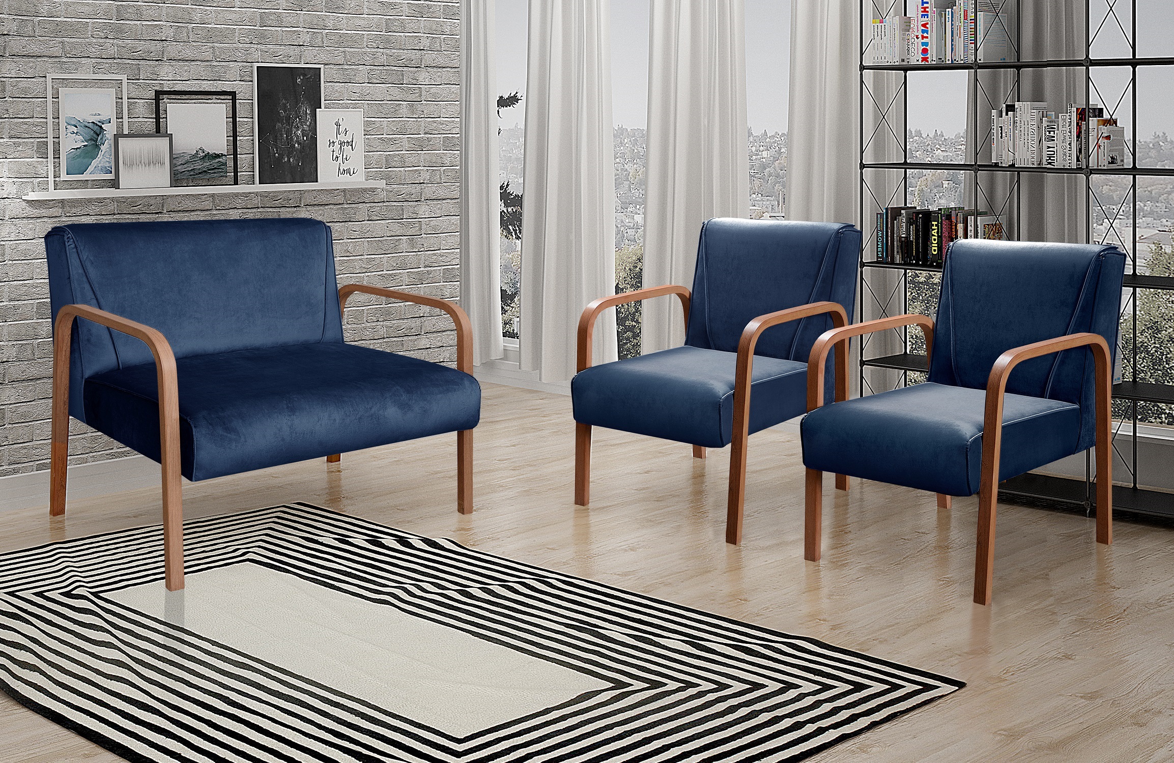Conjunto Anita Braço Madeira Para Sala, TV, Estar - Suede Azul Marinho