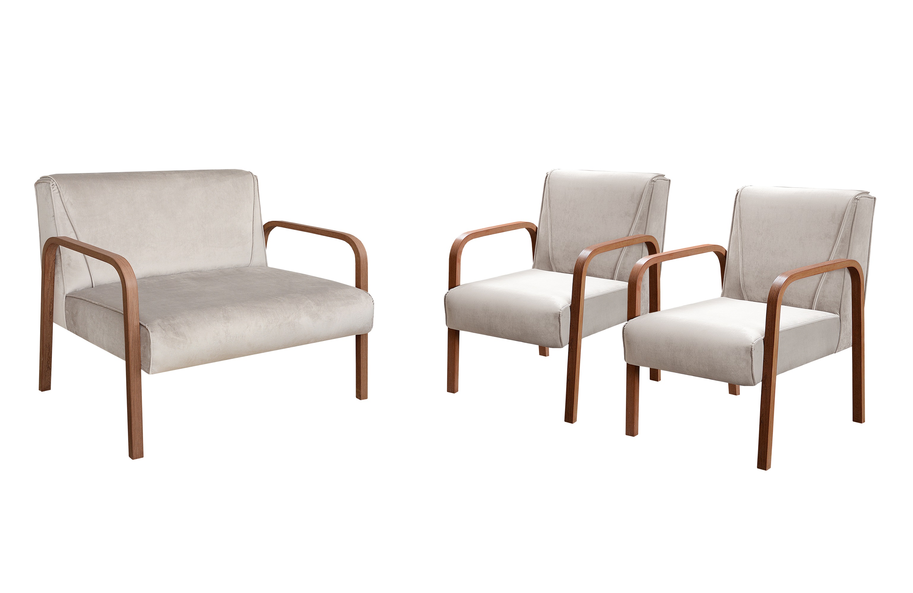 Conjunto Anita Braço Madeira Para Sala, Tv, Estar - Suede Bege Claro