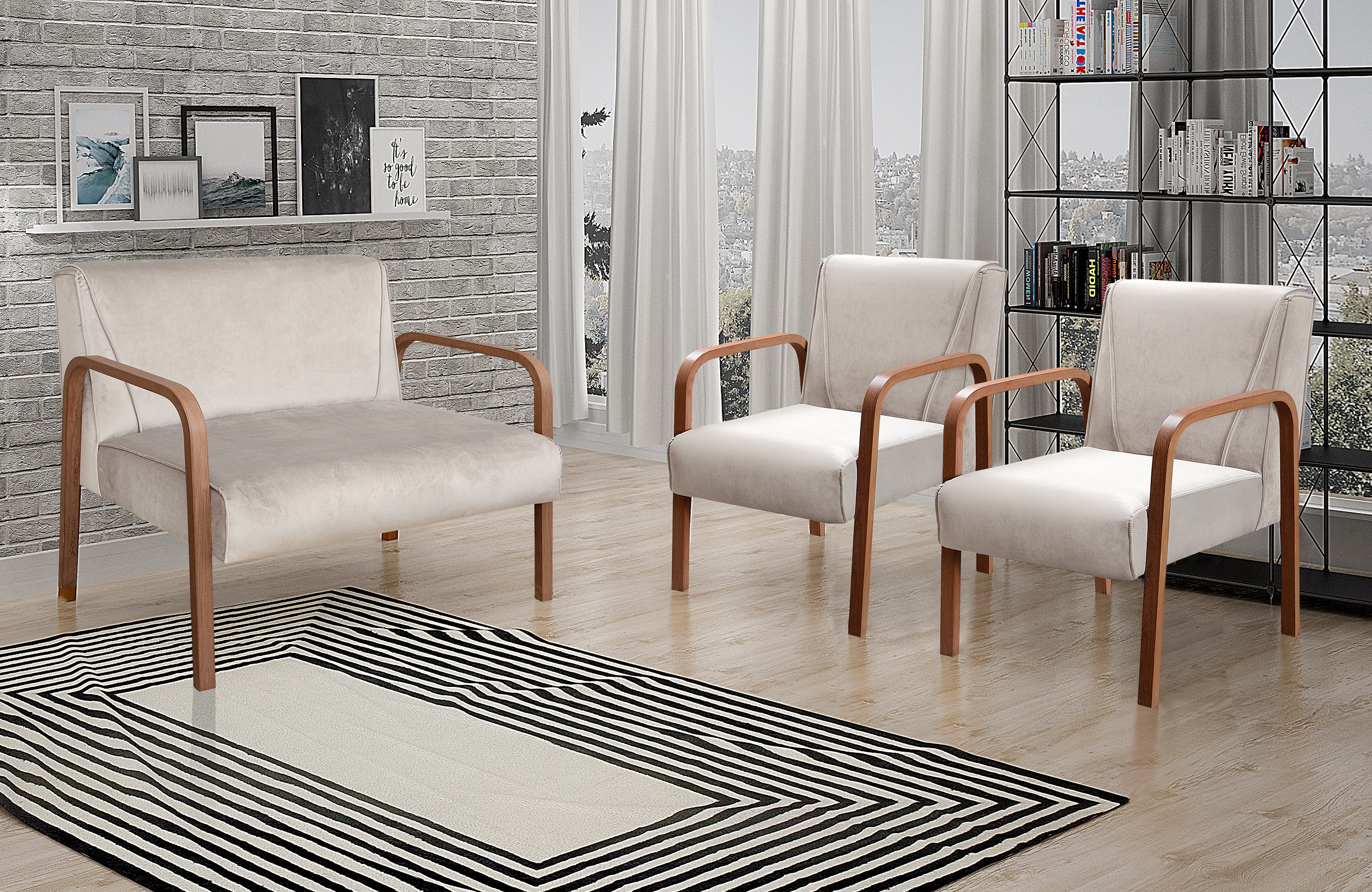 Conjunto Anita Braço Madeira Para Sala, Tv, Estar - Suede Bege Claro