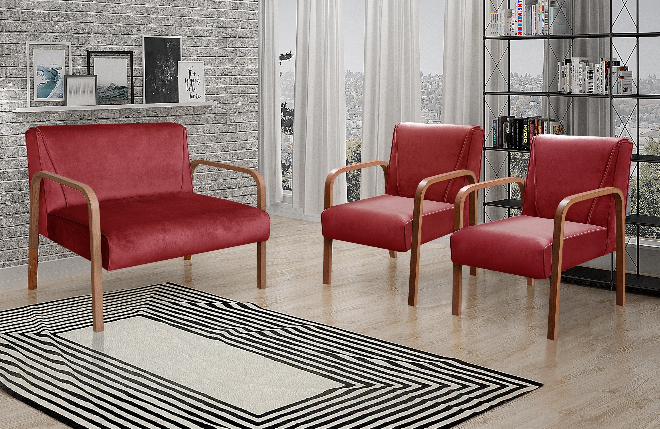 Conjunto Anita Braço Madeira Para Sala, Tv, Estar - Suede Bordô