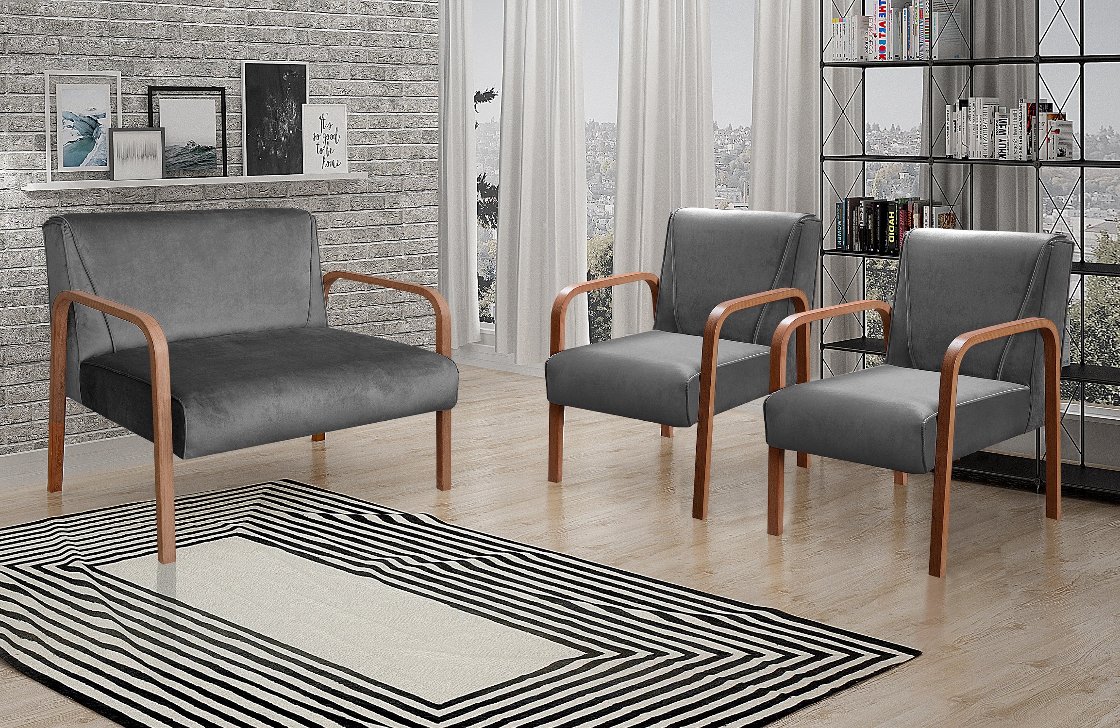 Conjunto Anita Braço Madeira Para Sala, Tv, Estar - Suede Cinza Grafite