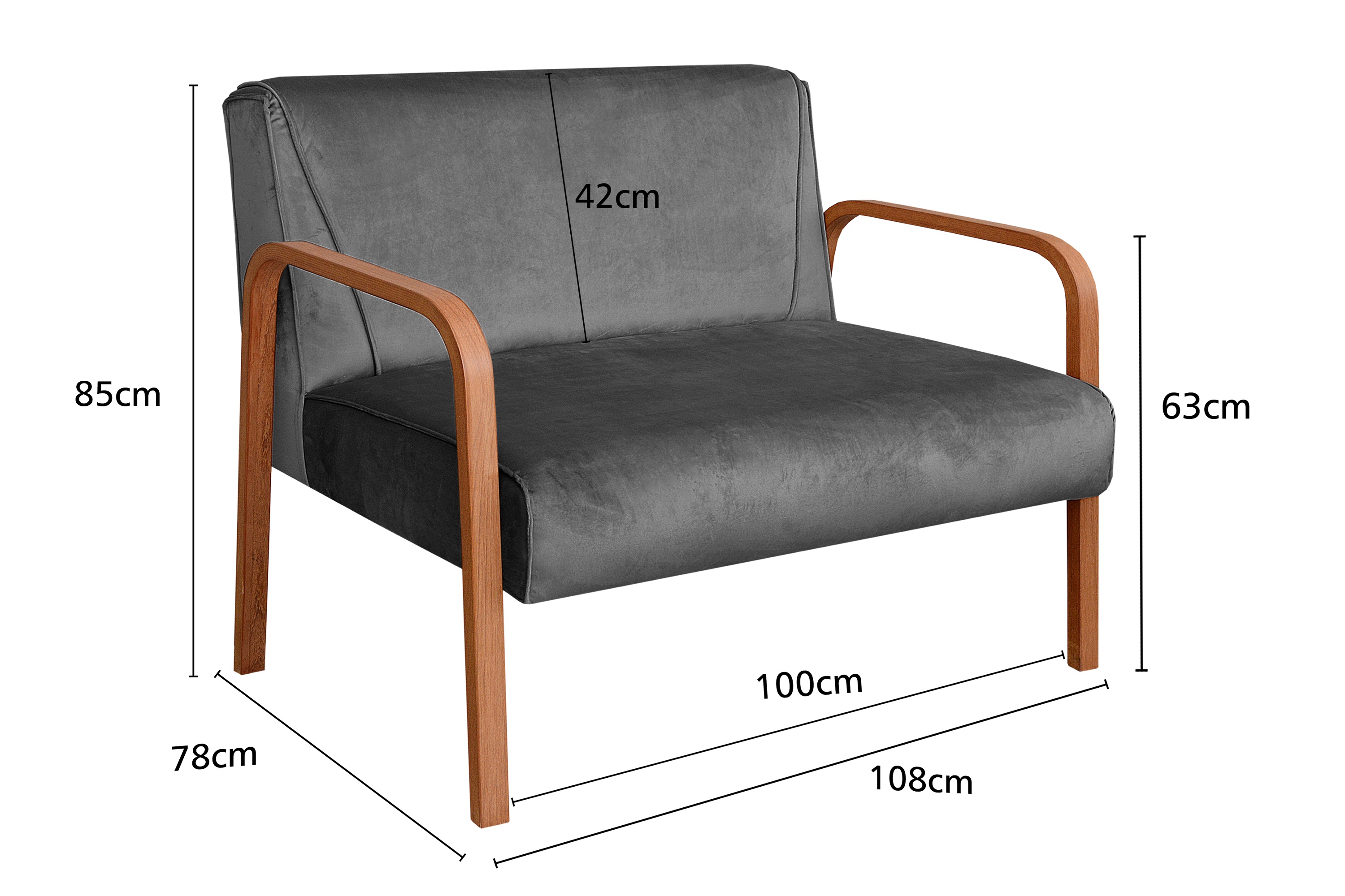 Conjunto Anita Braço Madeira Para Sala, Tv, Estar - Suede Cinza Grafite