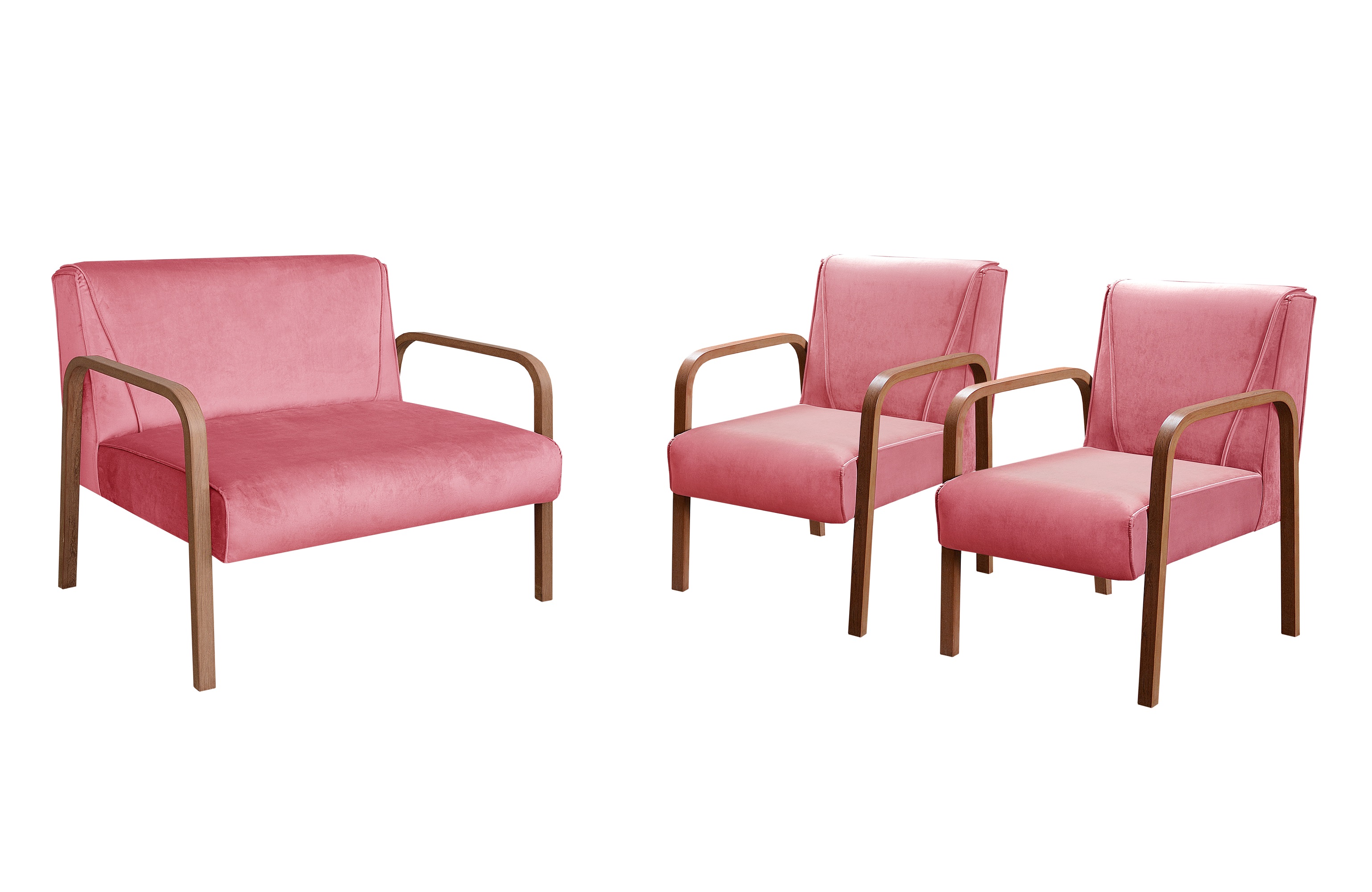 Conjunto Anita Braço Madeira Para Sala, Tv, Estar - Suede Rosa
