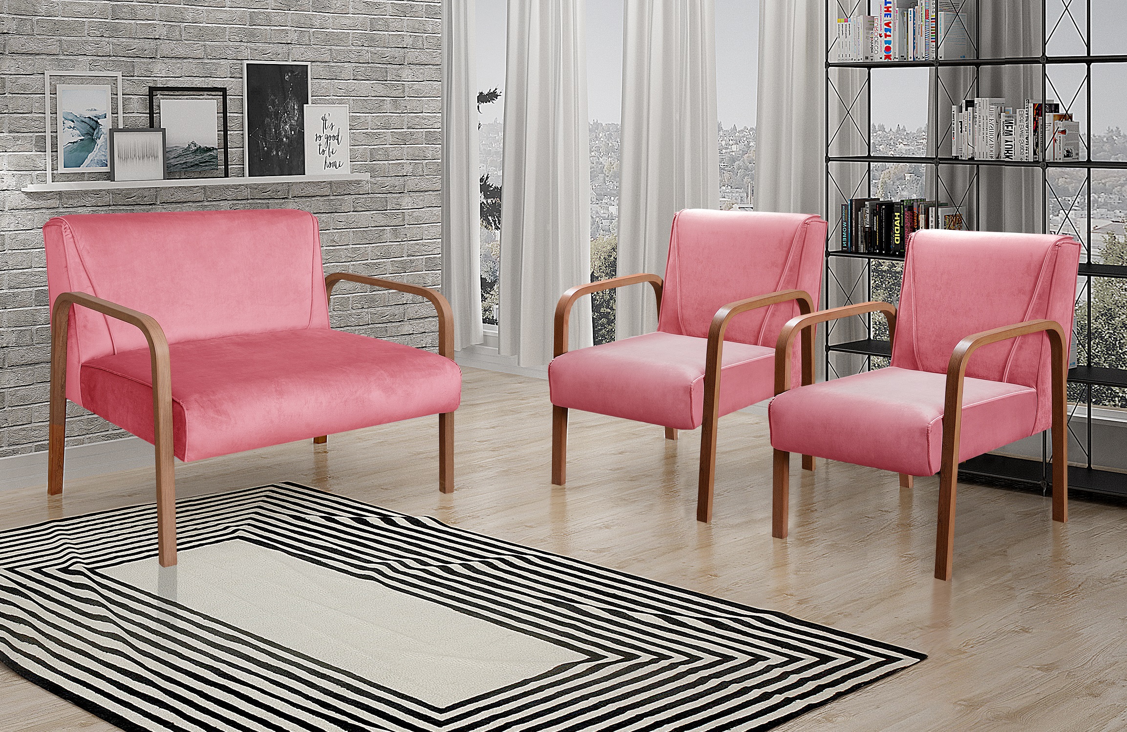 Conjunto Anita Braço Madeira Para Sala, Tv, Estar - Suede Rosa