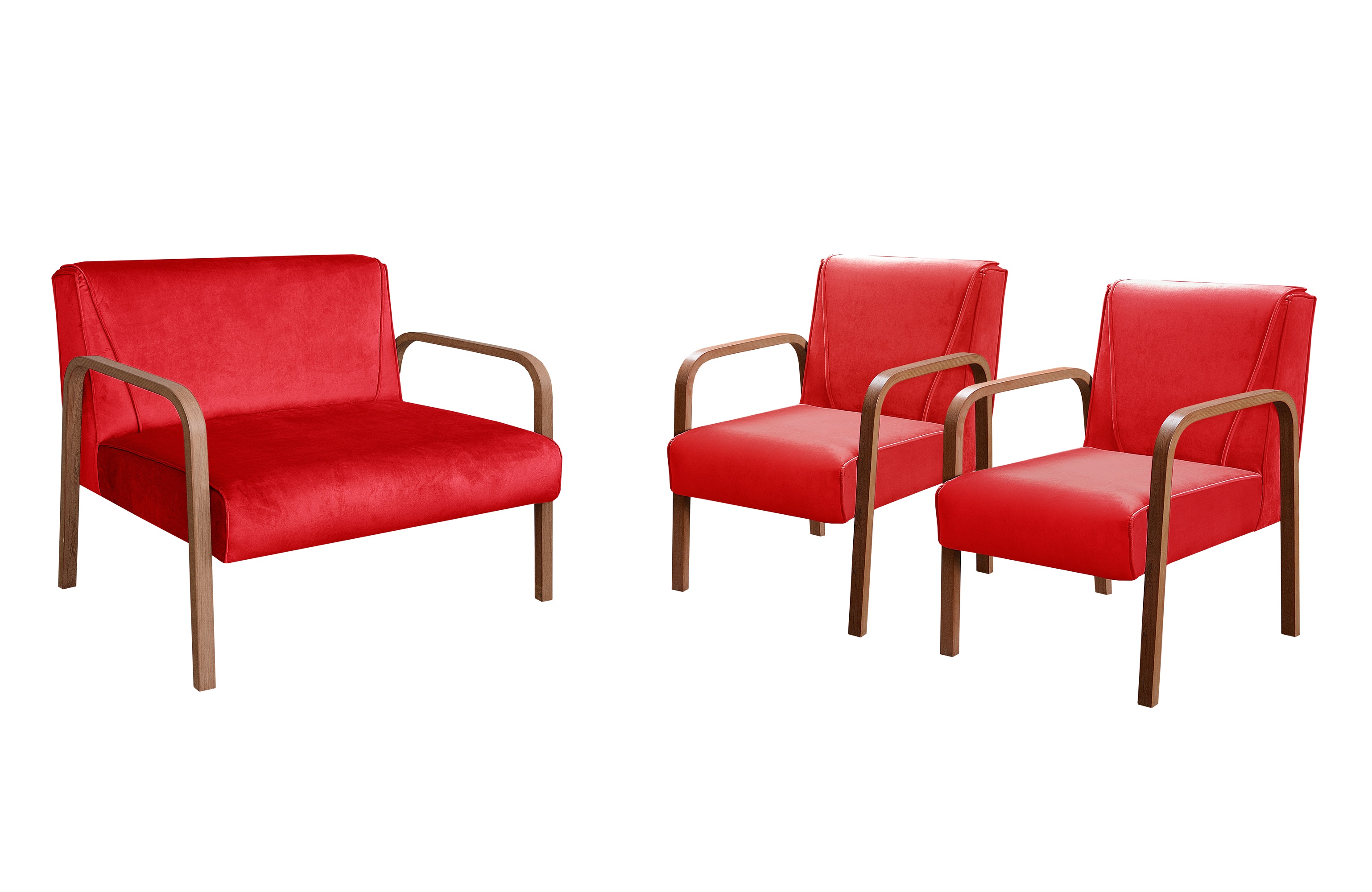 Conjunto Anita Braço Madeira Para Sala, Tv, Estar - Suede Vermelho