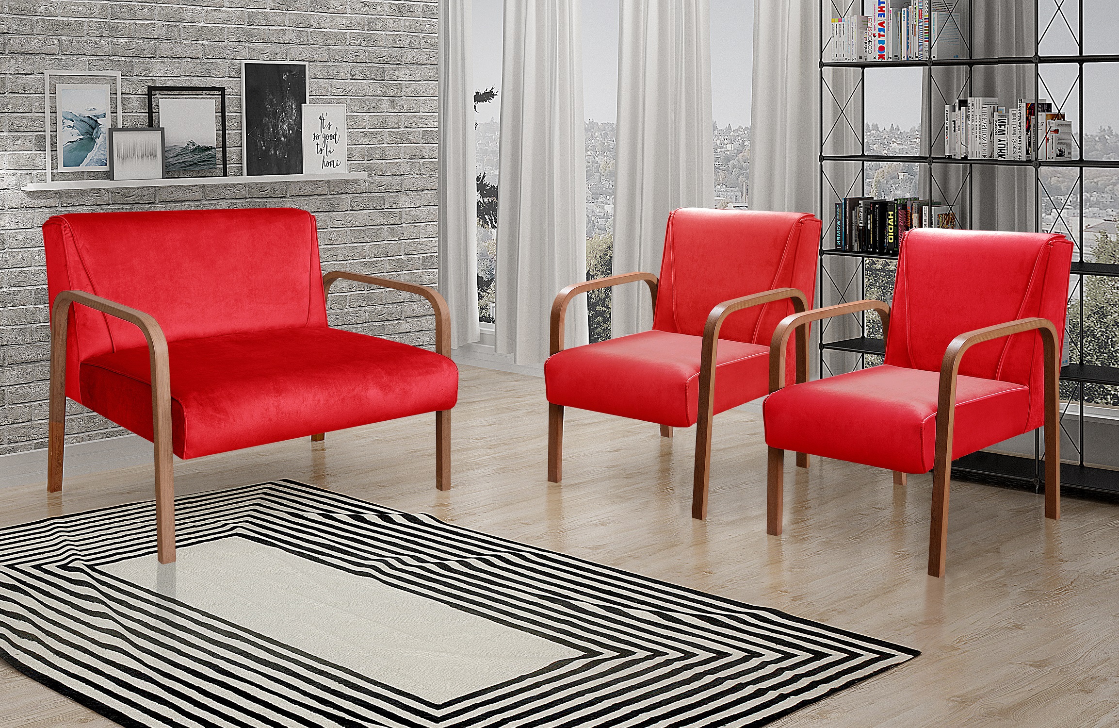 Conjunto Anita Braço Madeira Para Sala, Tv, Estar - Suede Vermelho