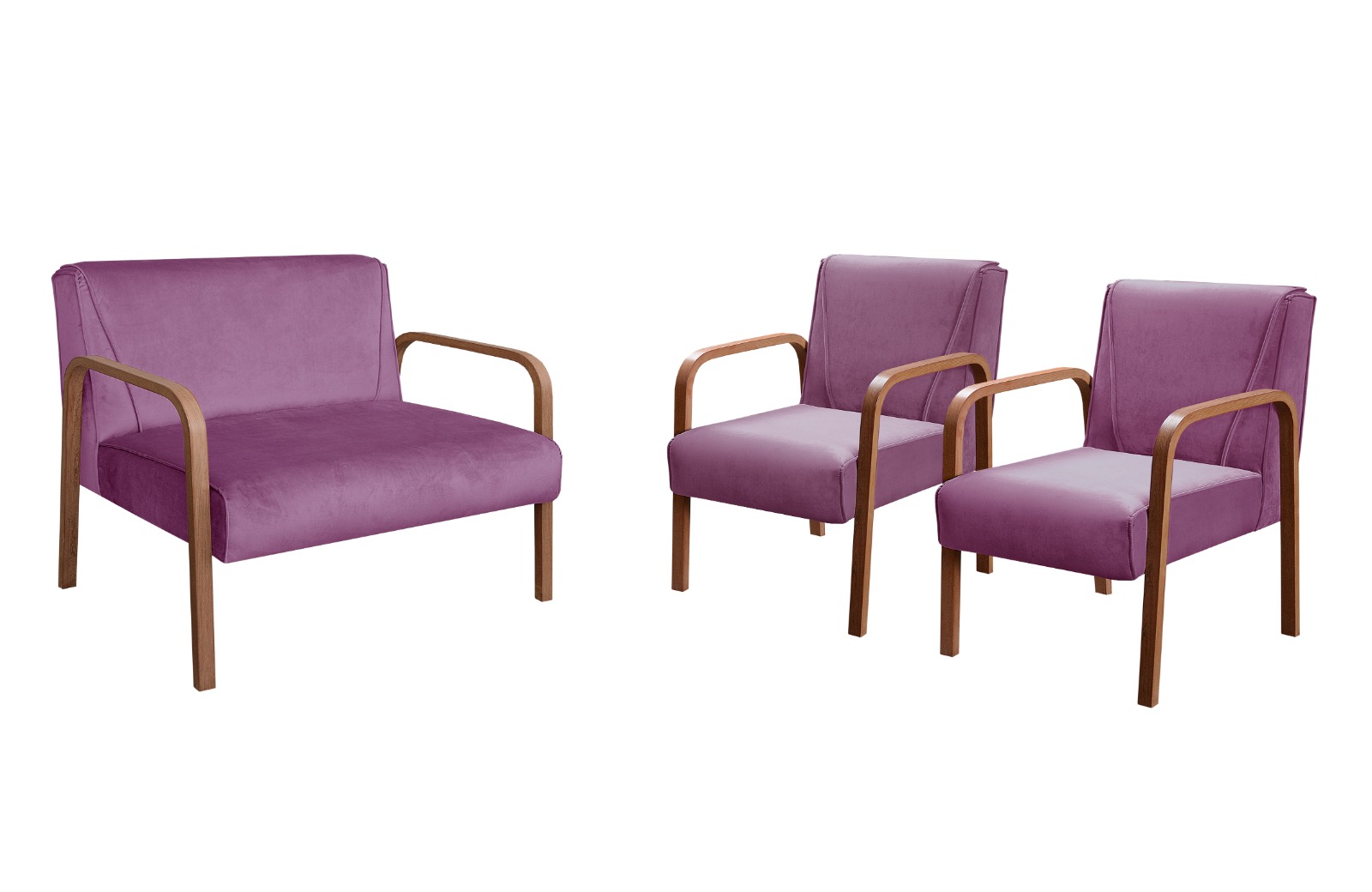 Conjunto Anita Braço Madeira Para Sala, Tv, Estar - Veludo Roxo