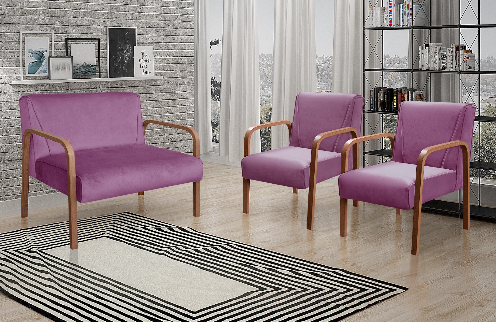 Conjunto Anita Braço Madeira Para Sala, Tv, Estar - Veludo Roxo