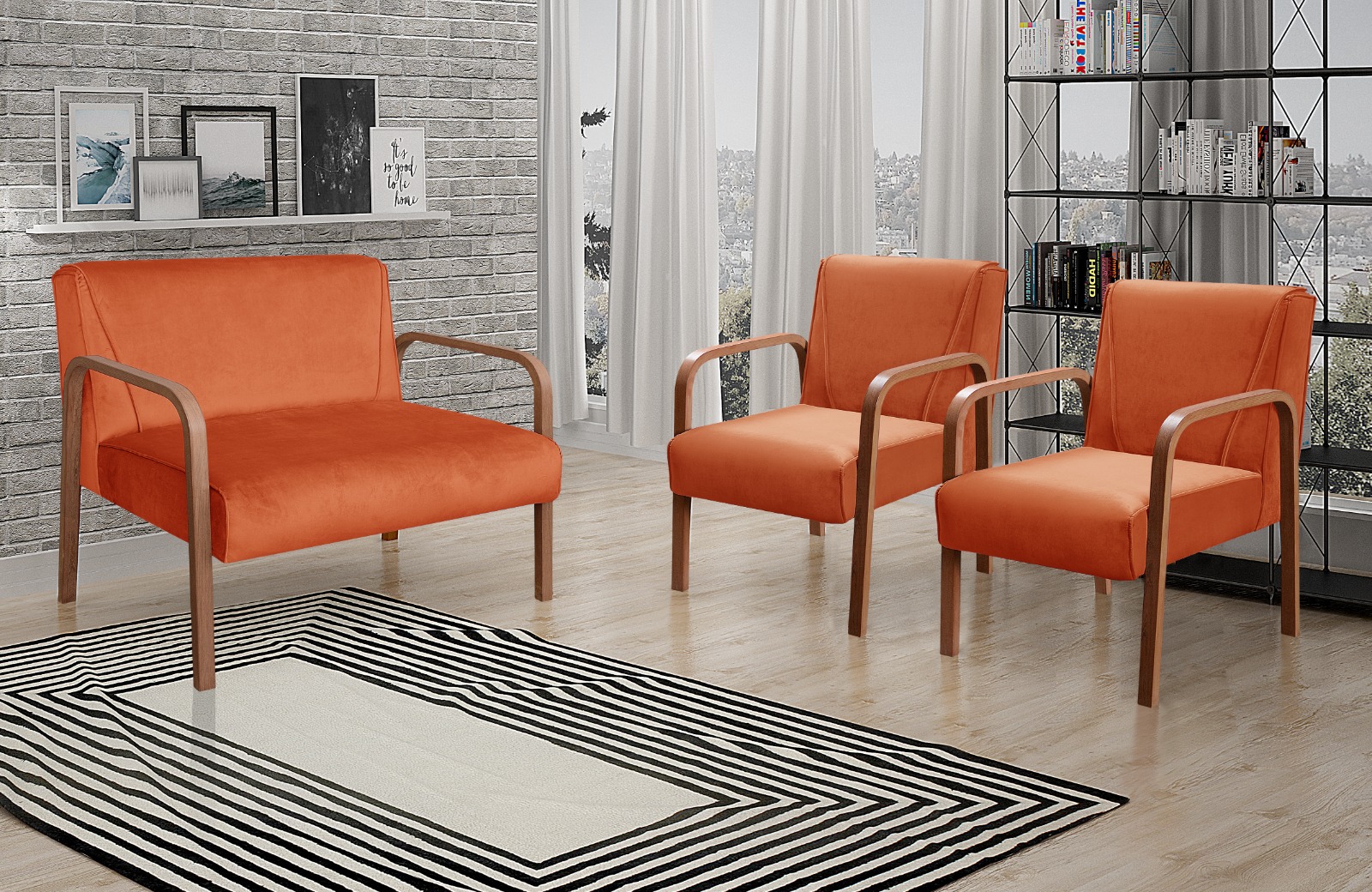 Conjunto Anita Braço Madeira Para Sala, Tv, Estar - Veludo Terracota
