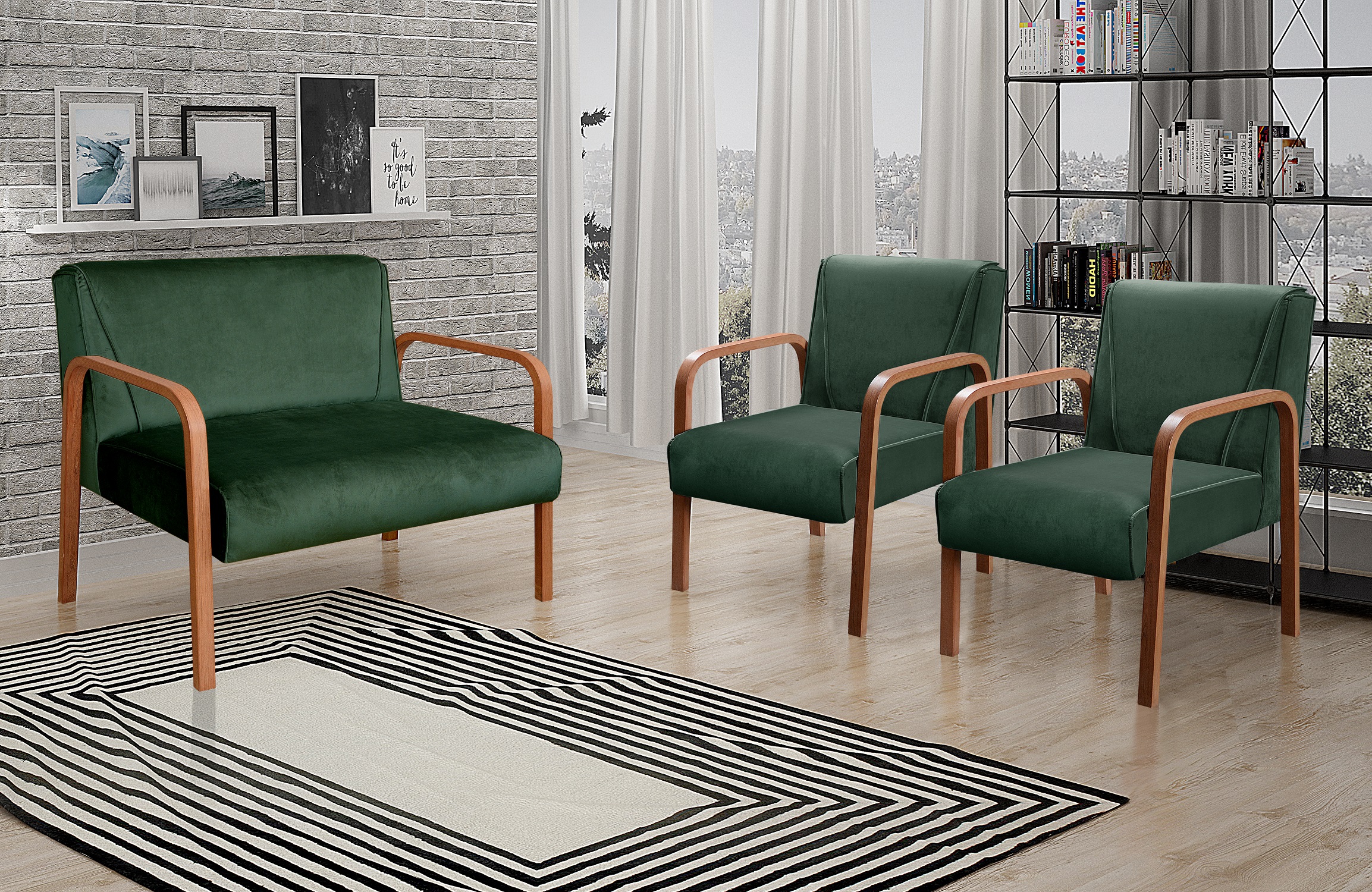 Conjunto Anita Braço Madeira Para Sala, Tv, Estar - Veludo Verde