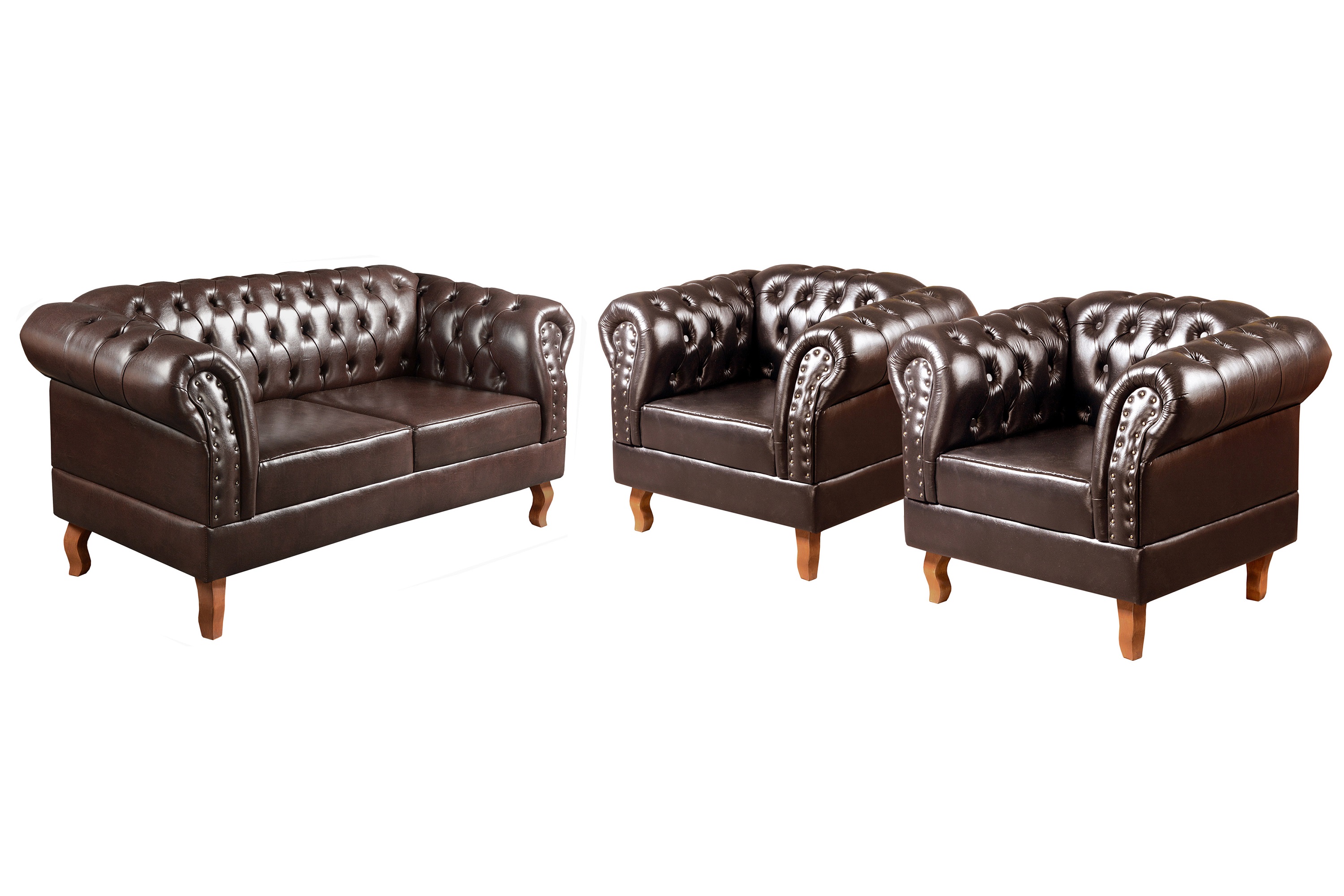 Conjunto De Poltronas E Sofá Dom Pedro 2 Lugares Chesterfield Capitonê - Café
