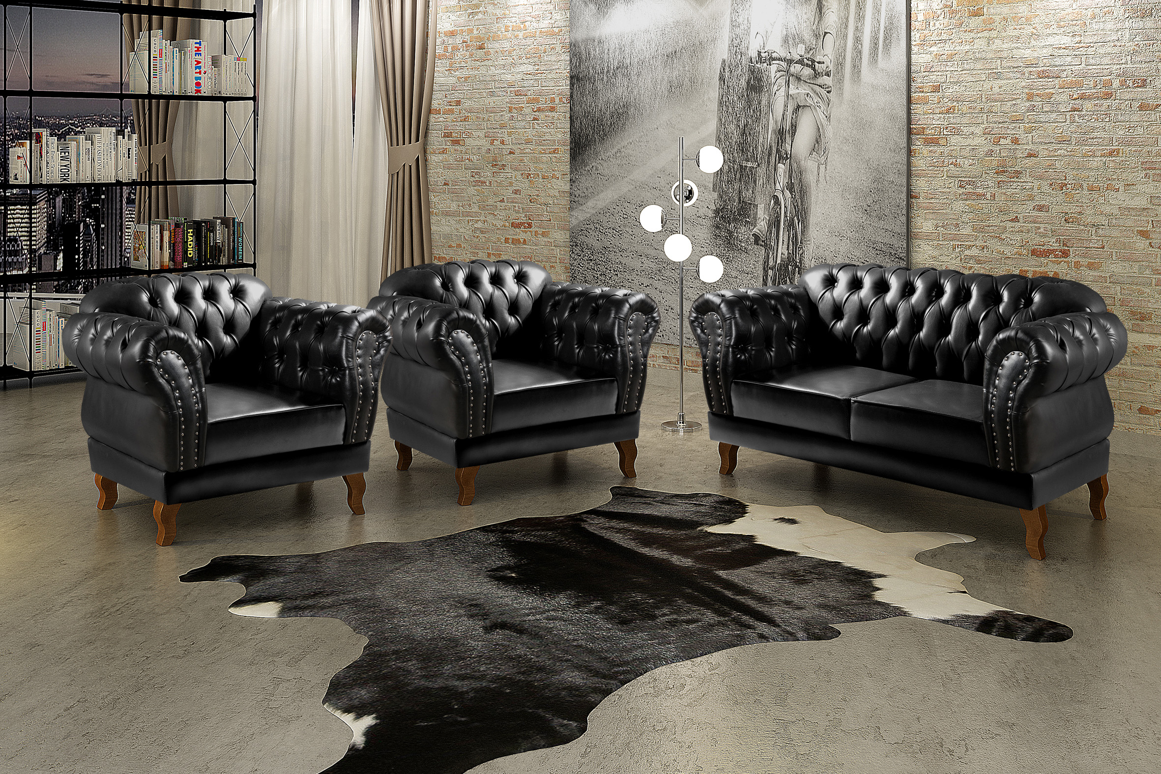 Conjunto De Poltronas E Sofá Dom Pedro 2 Lugares Chesterfield Capitonê - Couríssimo Preto