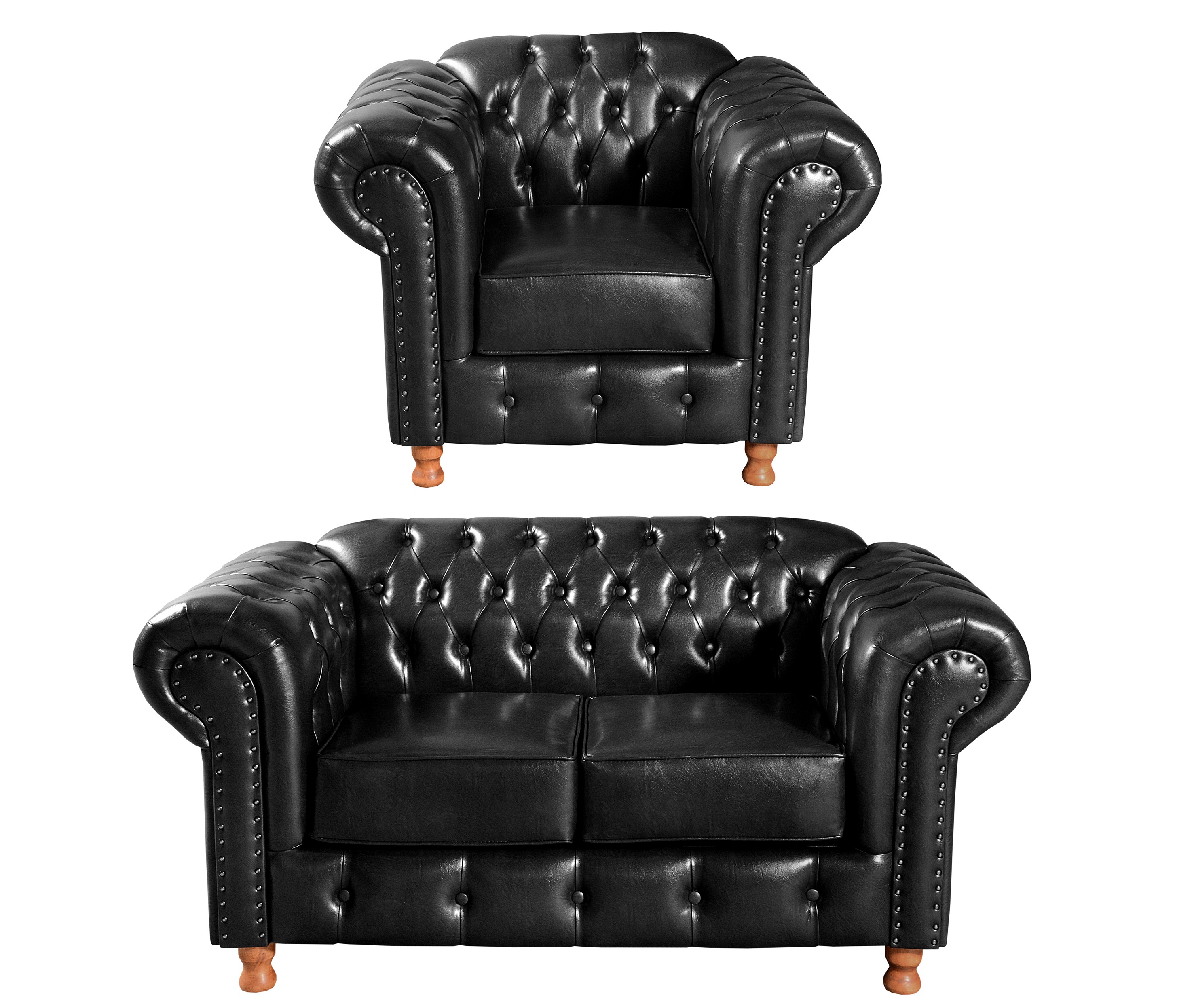 Conjunto De Sofá 2 Lugares E Poltrona Chesterfield Capitonê Luís Xv - Couríssimo Preto