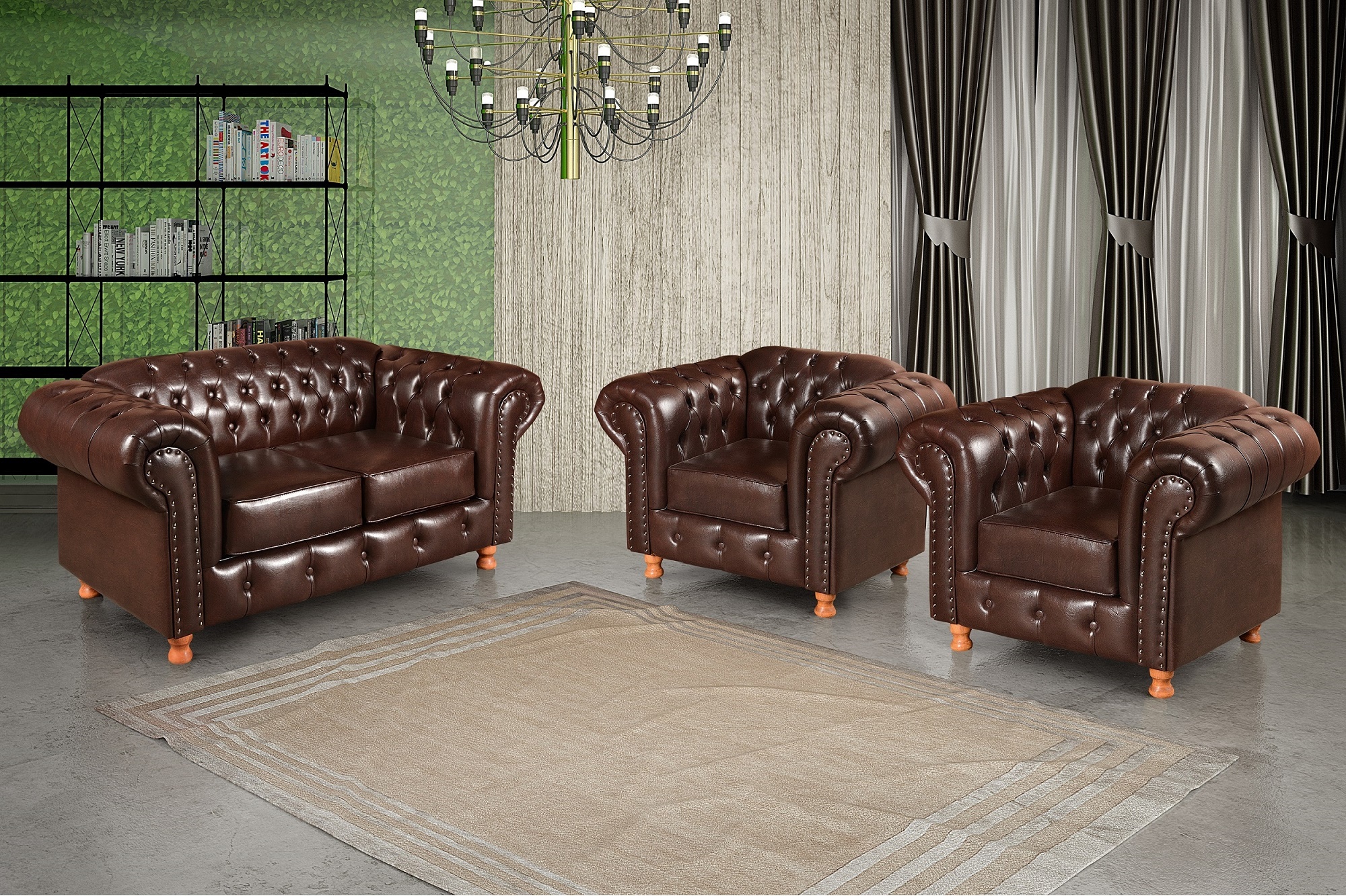 Conjunto De Sofá 2 Lugares E Poltronas Decorativa Chesterfield Capitonê Luís Xv - Café