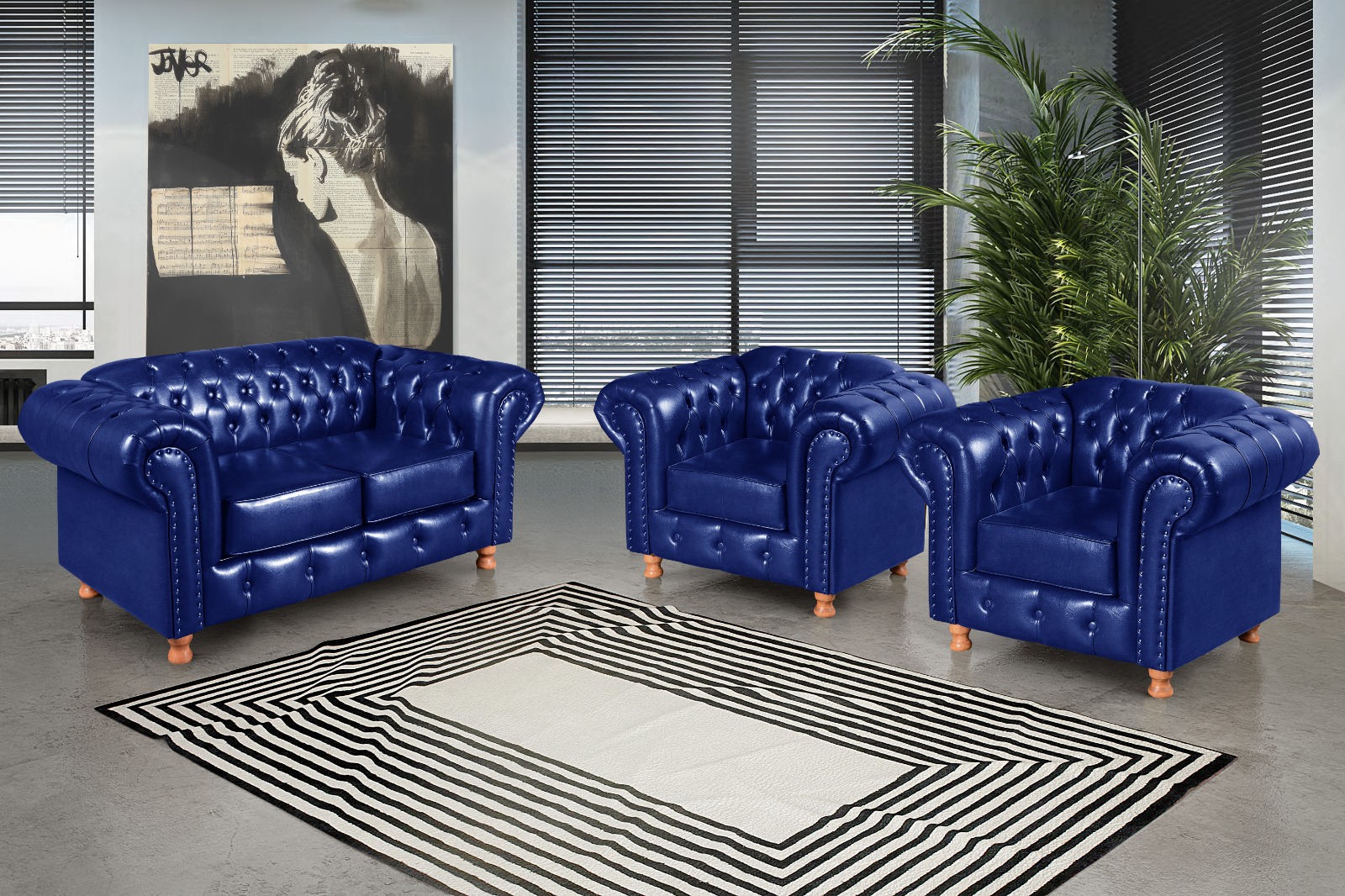 Conjunto De Sofá 2 Lugares E Poltronas Decorativa Chesterfield Capitonê Luís Xv - Couríssimo Azul