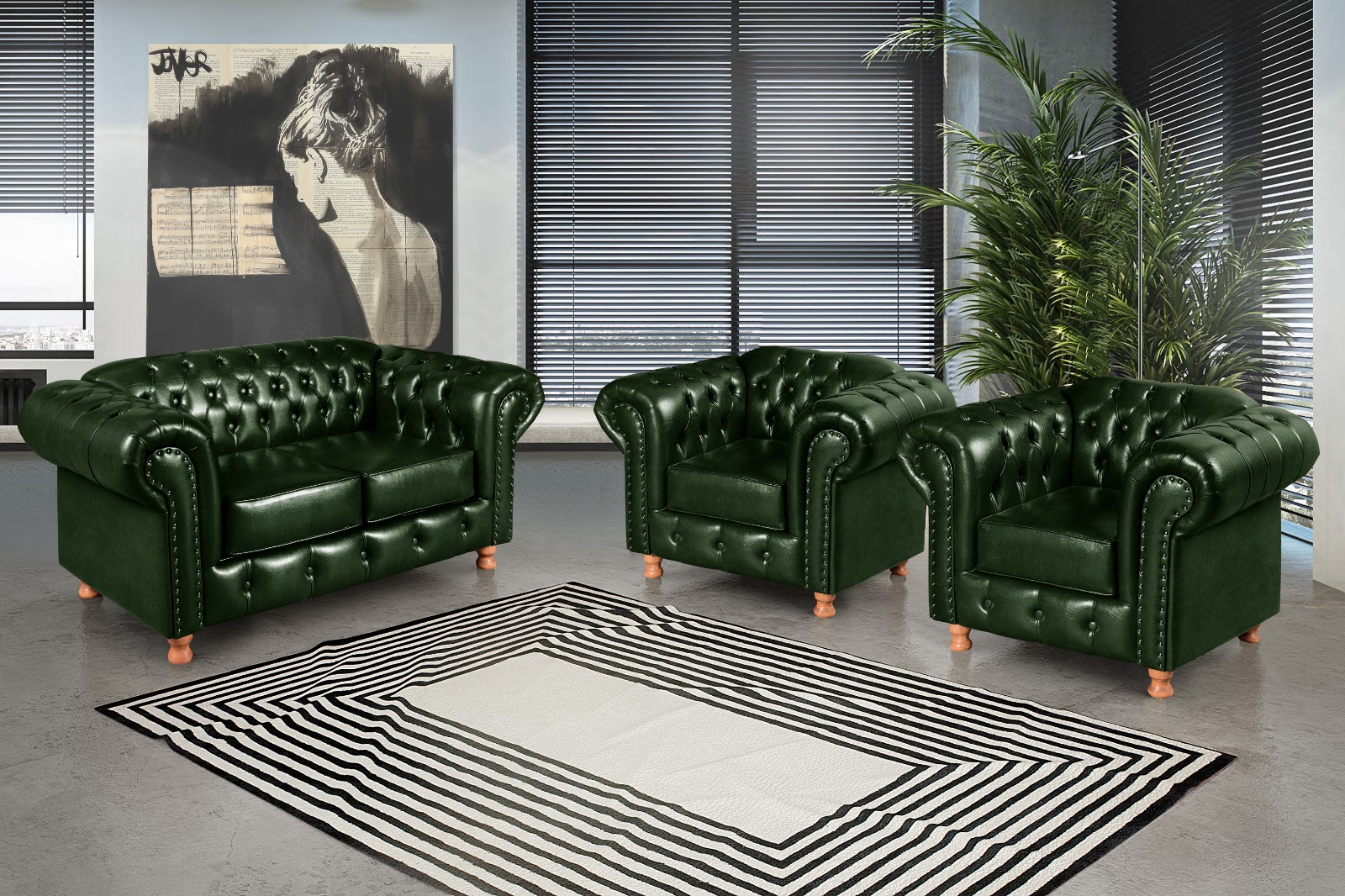 Conjunto De Sofá 2 Lugares E Poltronas Decorativa Chesterfield Capitonê Luís Xv - Couríssimo Verde