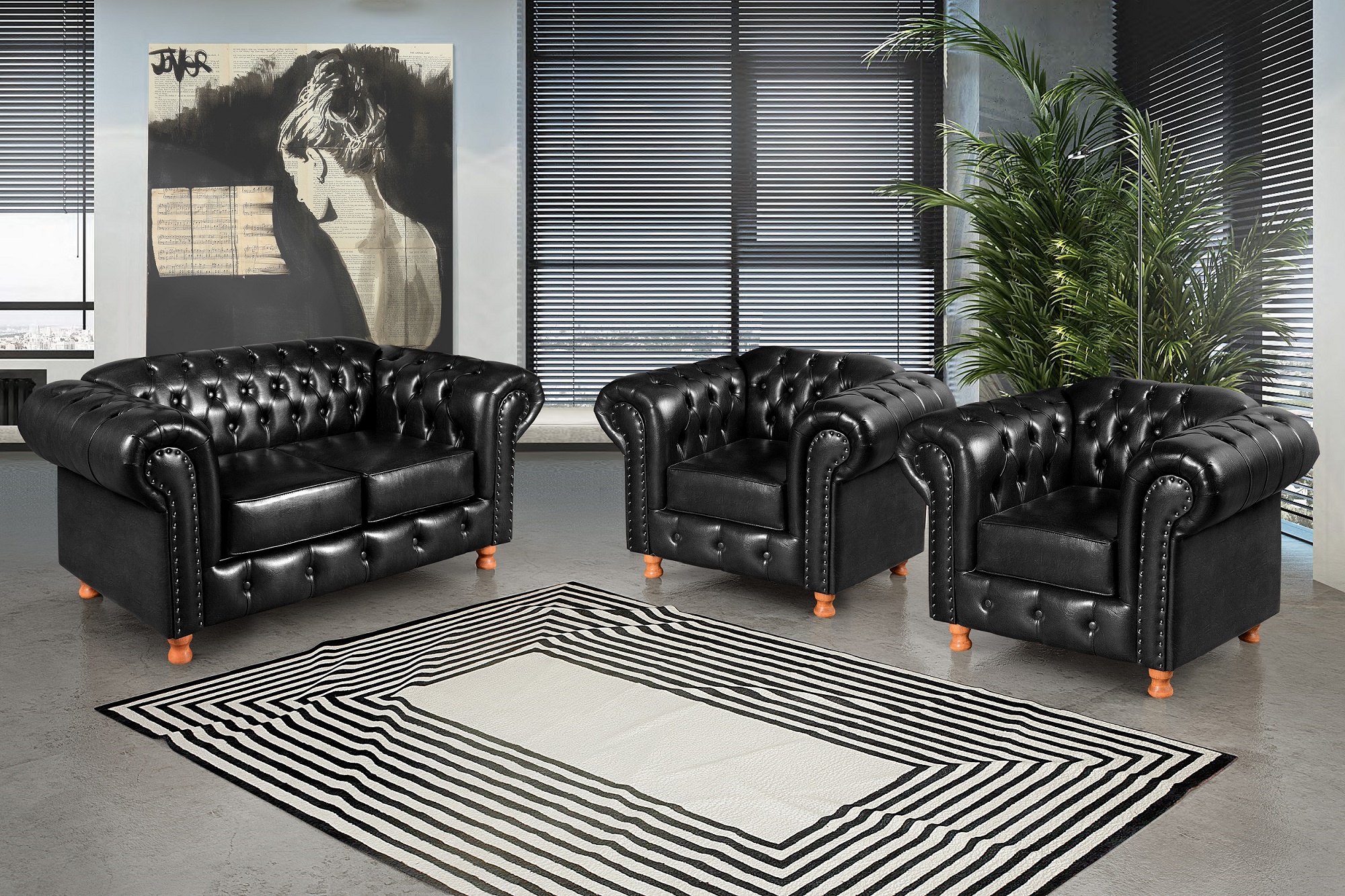 Conjunto De Sofá 2 Lugares E Poltronas Decorativa Chesterfield Capitonê Luís Xv - Preto