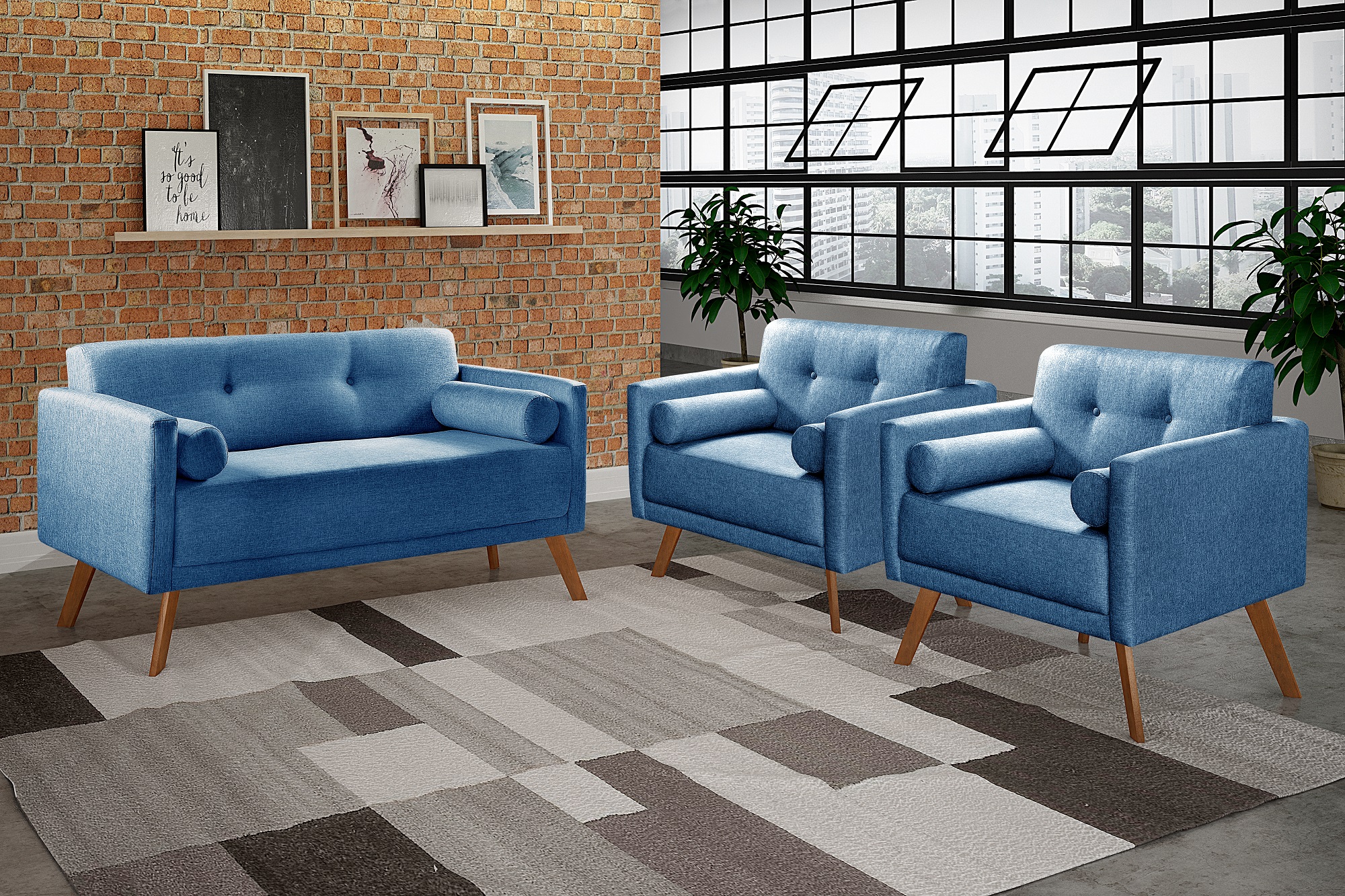 Conjunto De Sofá 2 Lugares E Poltronas Luma - Linho Azul