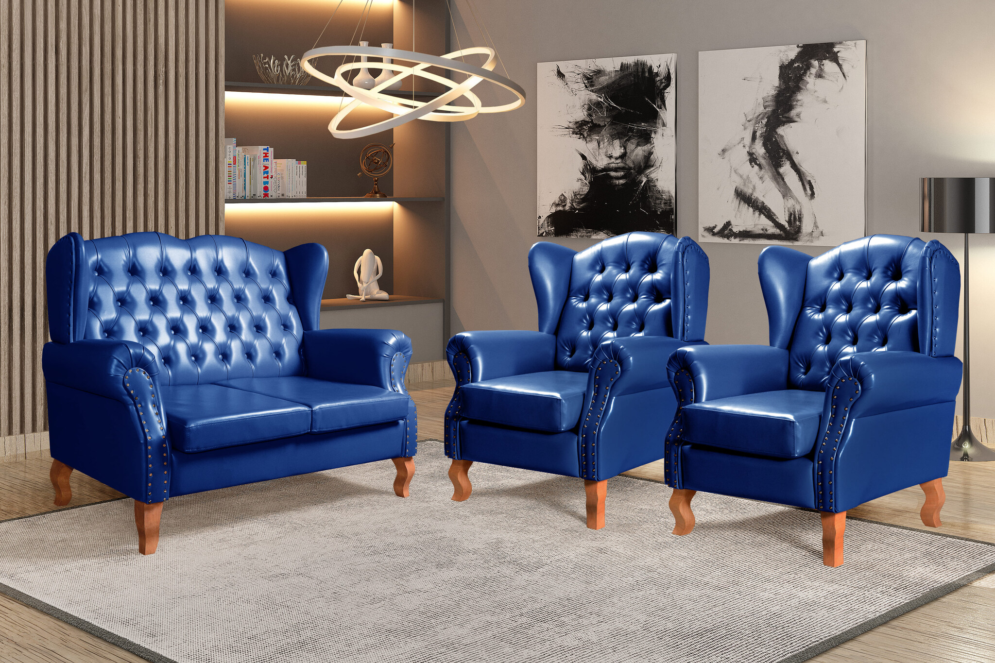 Conjunto Imperador Sofá Chesterfield Decoração Retrô Vintage - Couríssimo Azul 