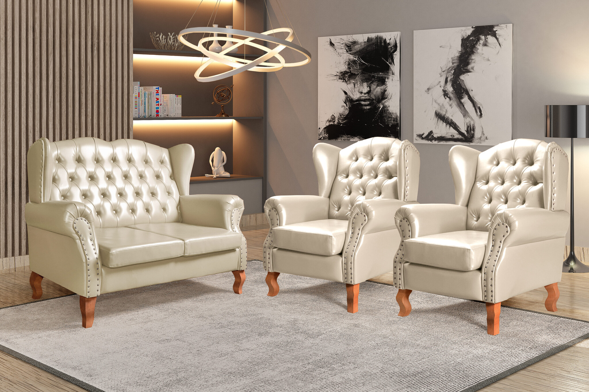 Conjunto Imperador Sofá Chesterfield Decoração Retrô Vintage - Couríssimo Bege