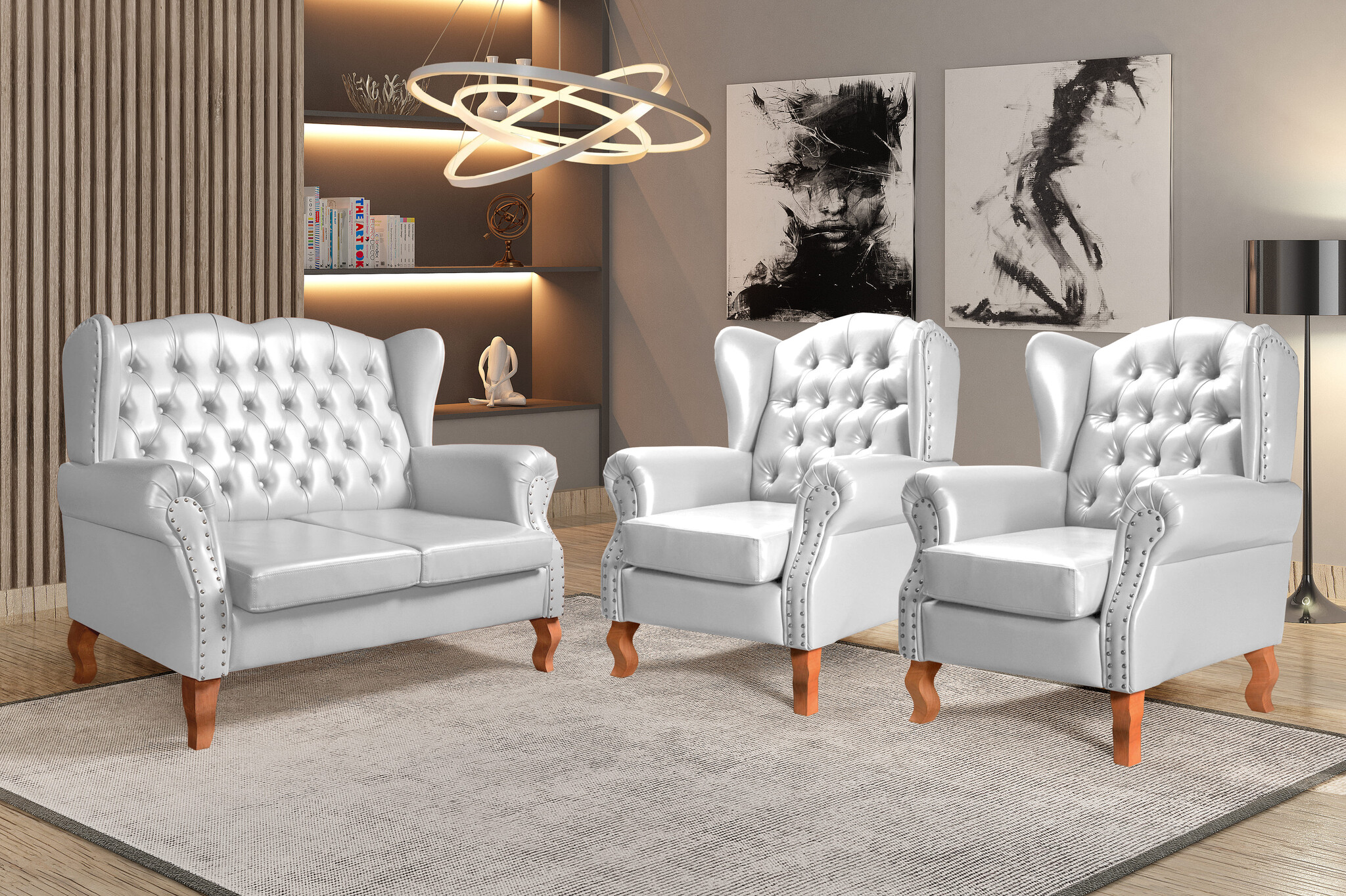 Conjunto Imperador Sofá Chesterfield Decoração Retrô Vintage - Couríssimo Branco 