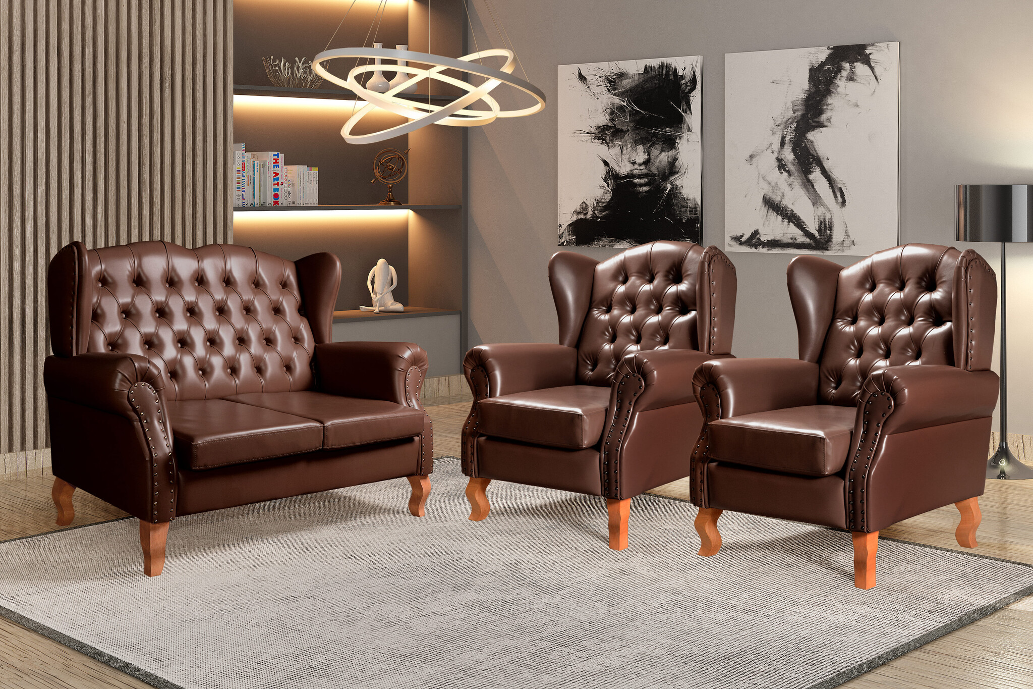 Conjunto Imperador Sofá Chesterfield Decoração Retrô Vintage - Couríssimo Café