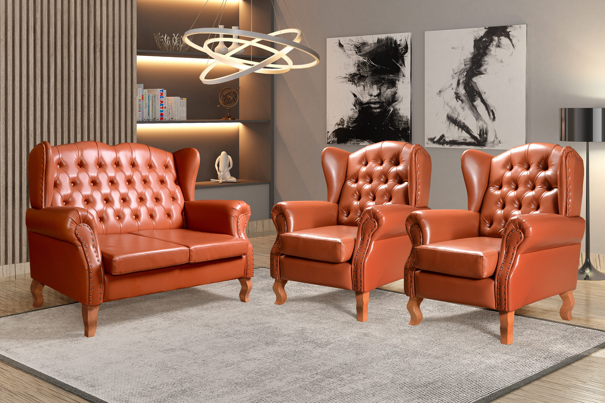 Conjunto Imperador Sofá Chesterfield Decoração Retrô Vintage - Couríssimo Caramelo