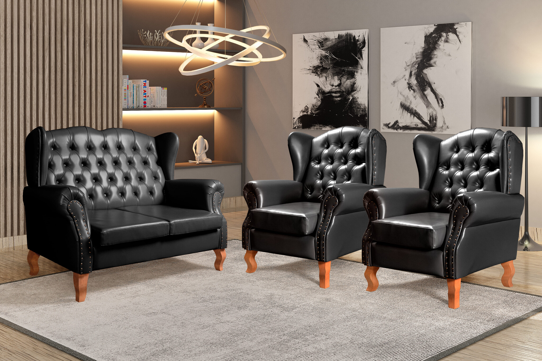 Conjunto Imperador Sofá Chesterfield Decoração Retrô Vintage - Couríssimo Preto 005