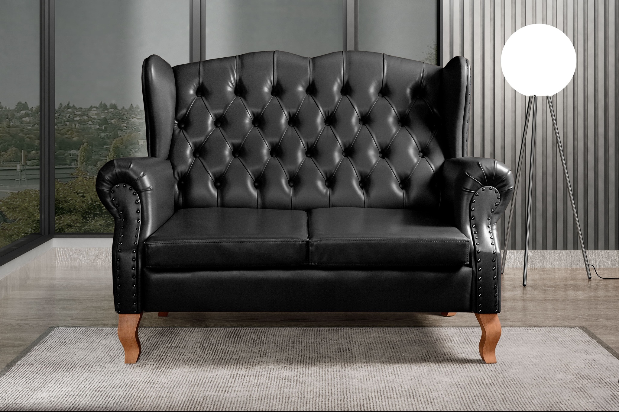 Conjunto Imperador Sofá Chesterfield Decoração Retrô Vintage - Couríssimo Preto 005