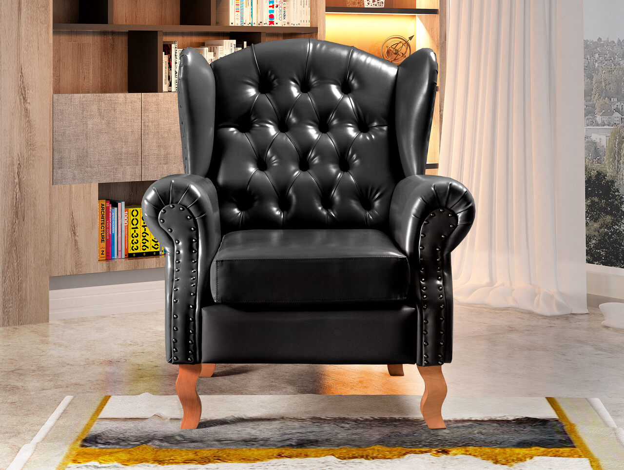 Conjunto Imperador Sofá Chesterfield Decoração Retrô Vintage - Couríssimo Preto 005