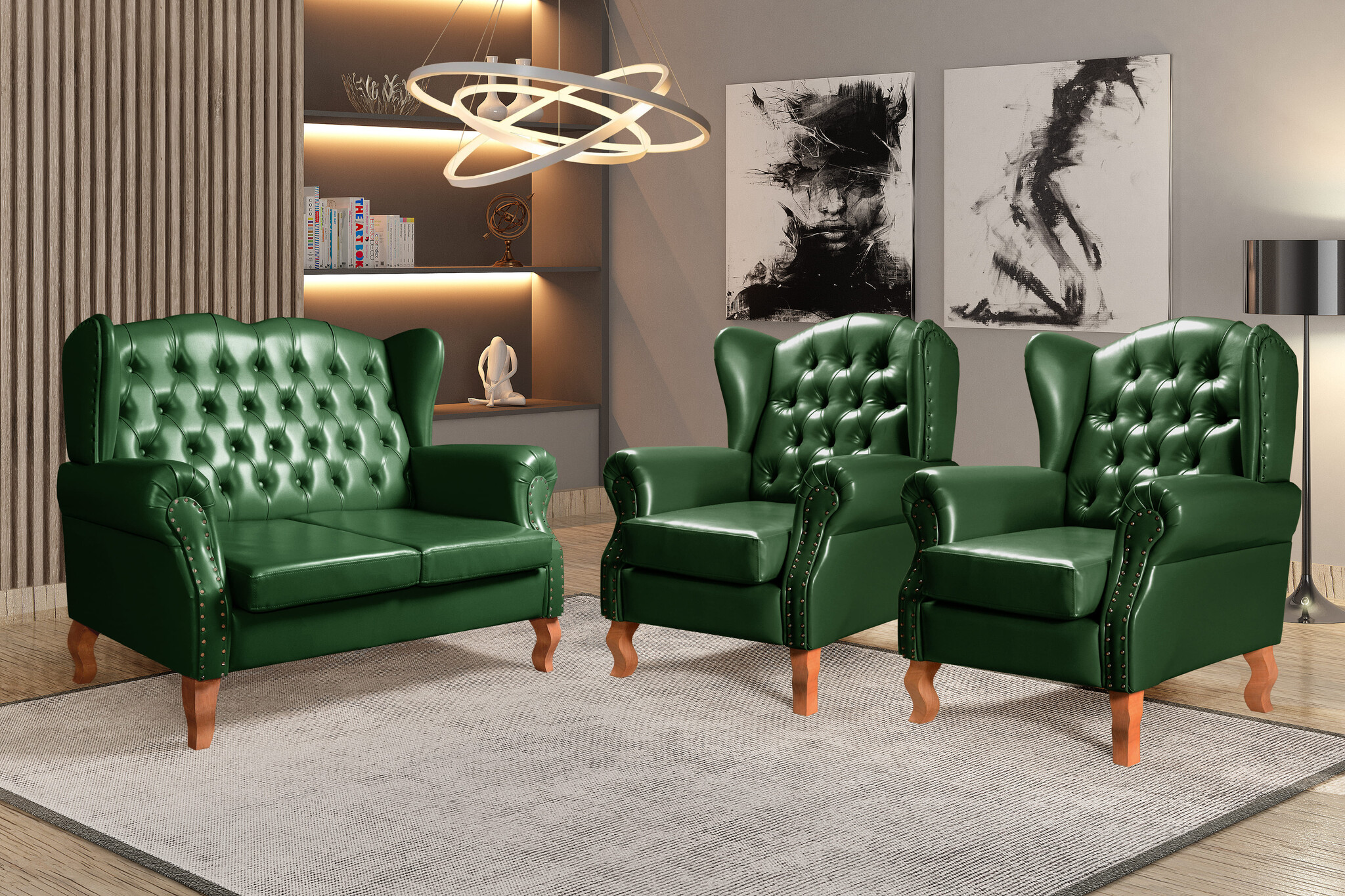 Conjunto Imperador Sofá Chesterfield Decoração Retrô Vintage - Couríssimo Verde