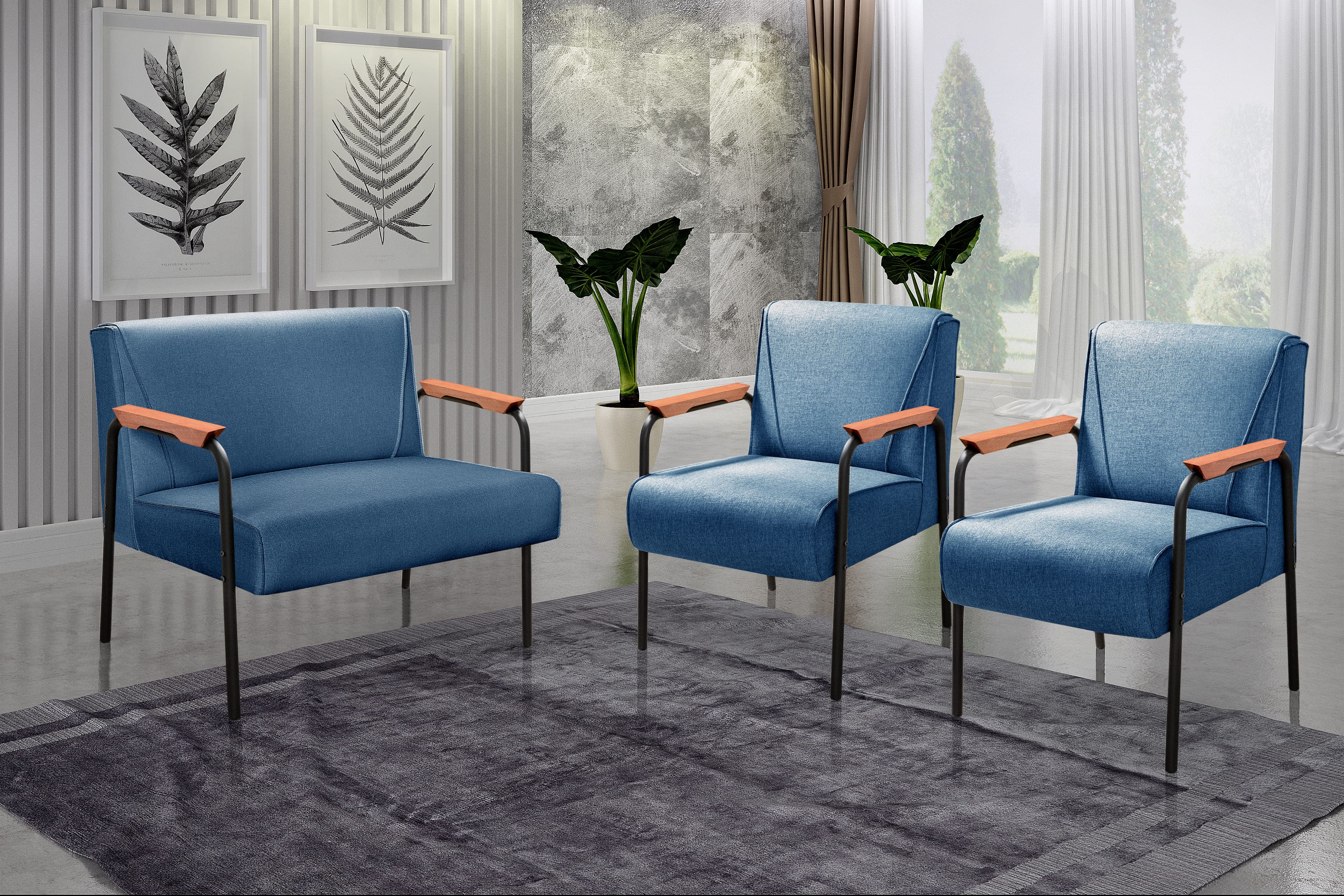 Conjunto Namoradeira 2 Lugares E 2 Poltronas Decorativas Jade - Linho Azul