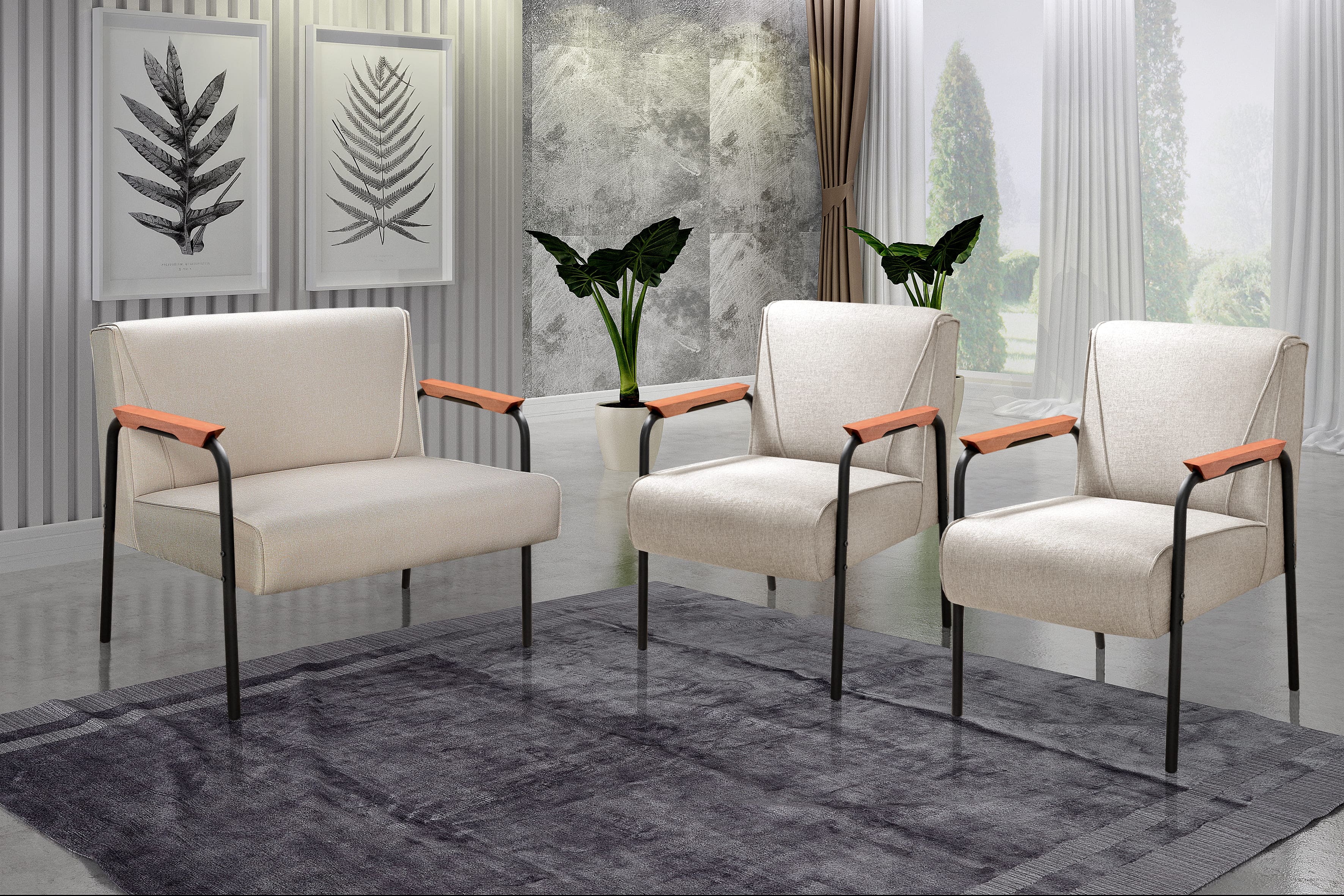 Conjunto Namoradeira 2 Lugares E 2 Poltronas Decorativas Jade - Linho Bege