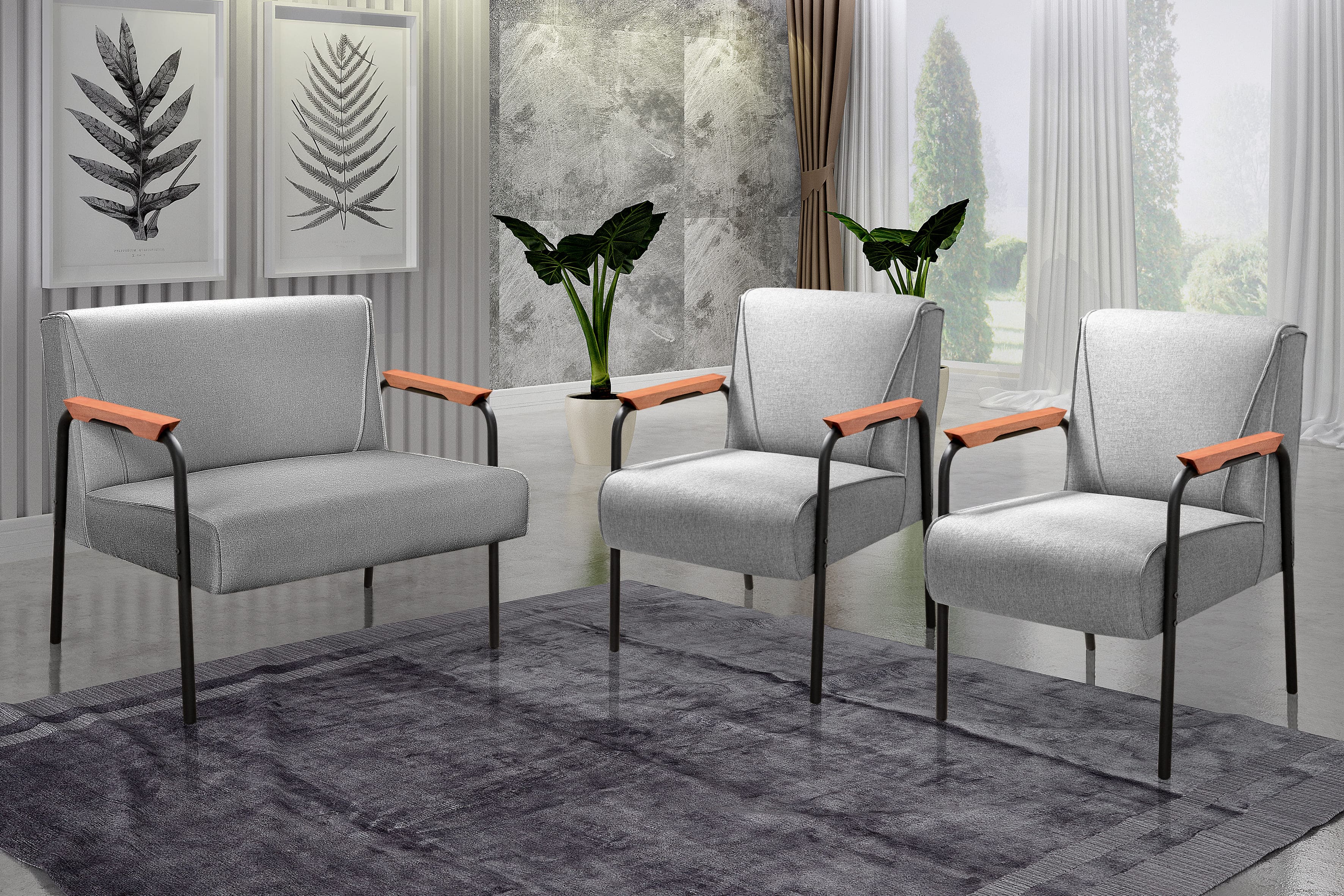 Conjunto Namoradeira 2 Lugares E 2 Poltronas Decorativas Jade - Linho Cinza