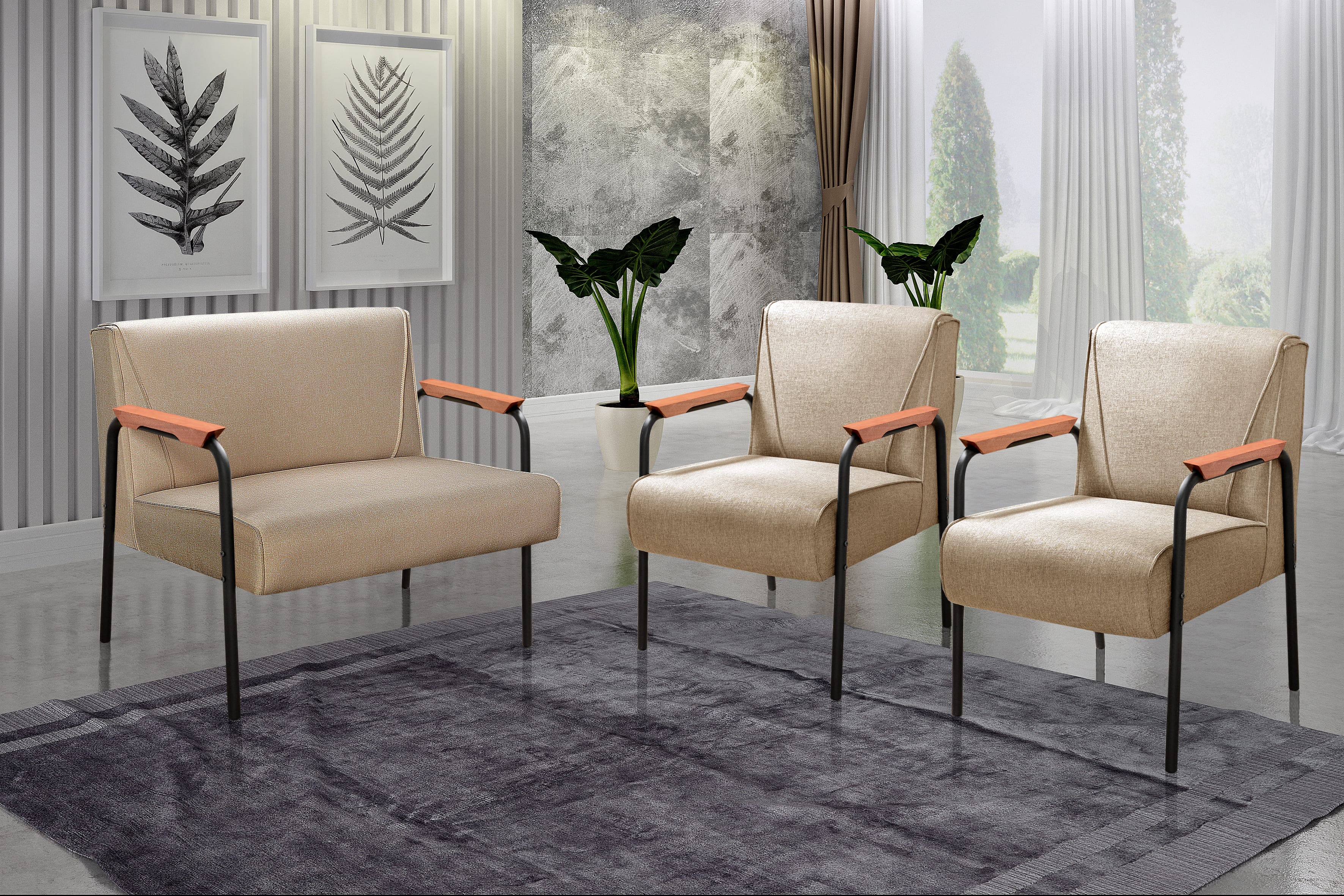 Conjunto Namoradeira 2 Lugares E 2 Poltronas Decorativas Jade - Linho Marrom
