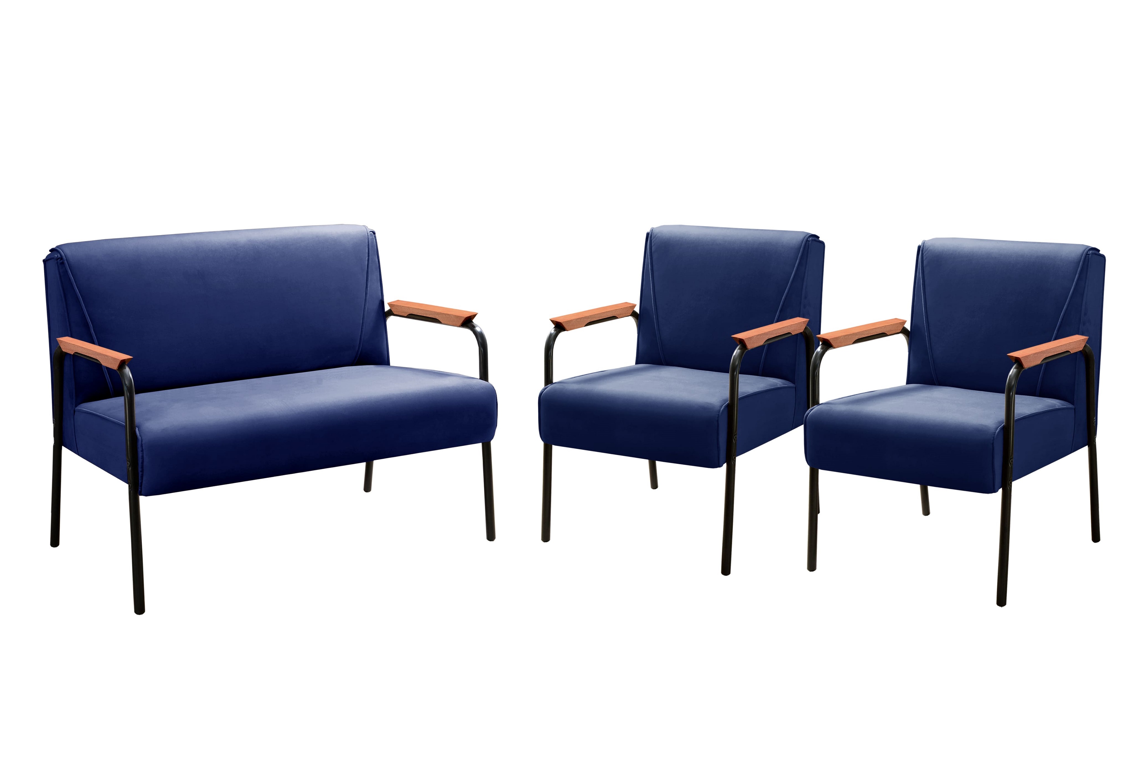 Conjunto Namoradeira 2 Lugares E 2 Poltronas Decorativas Jade - Suede Azul