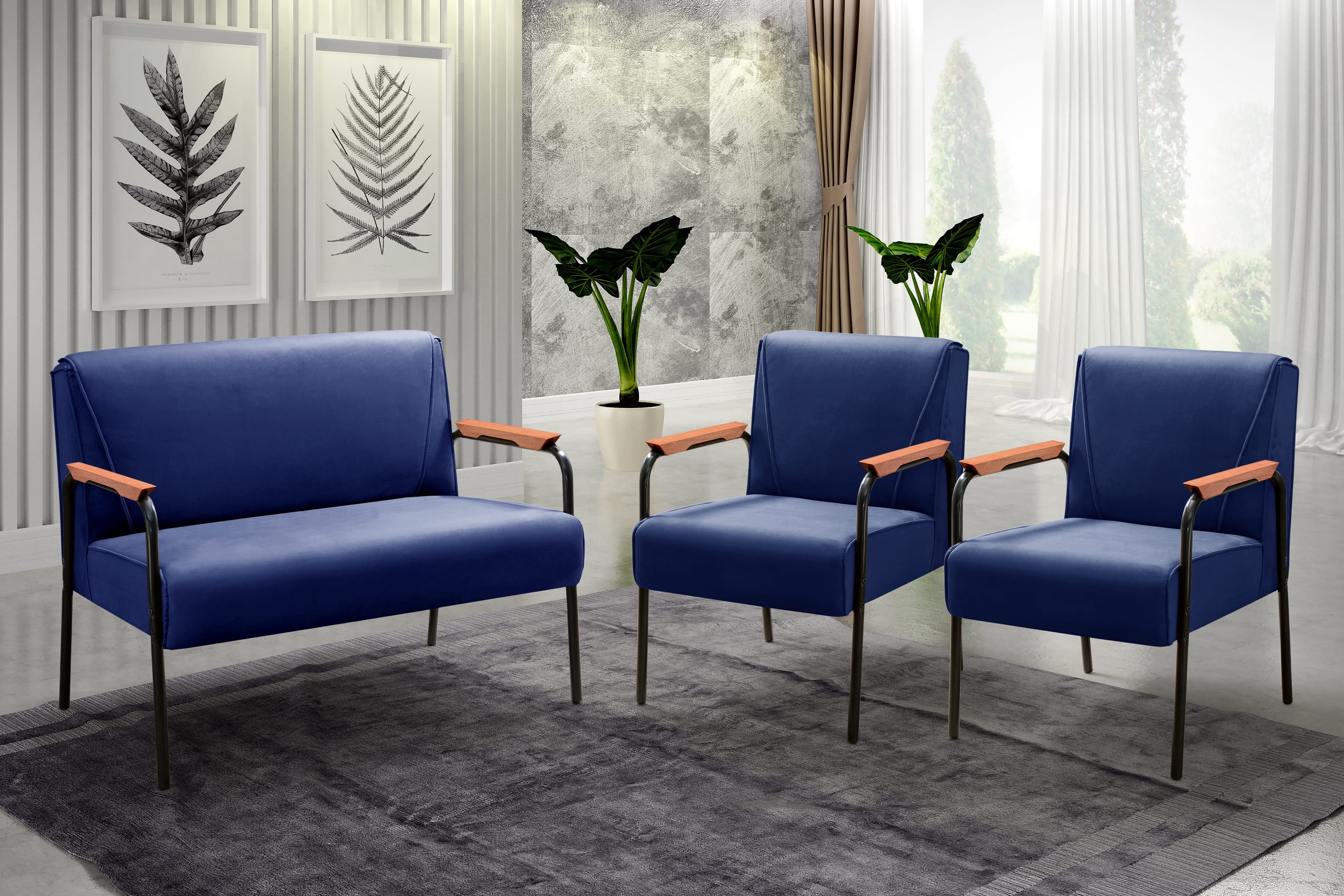 Conjunto Namoradeira 2 Lugares E 2 Poltronas Decorativas Jade - Suede Azul