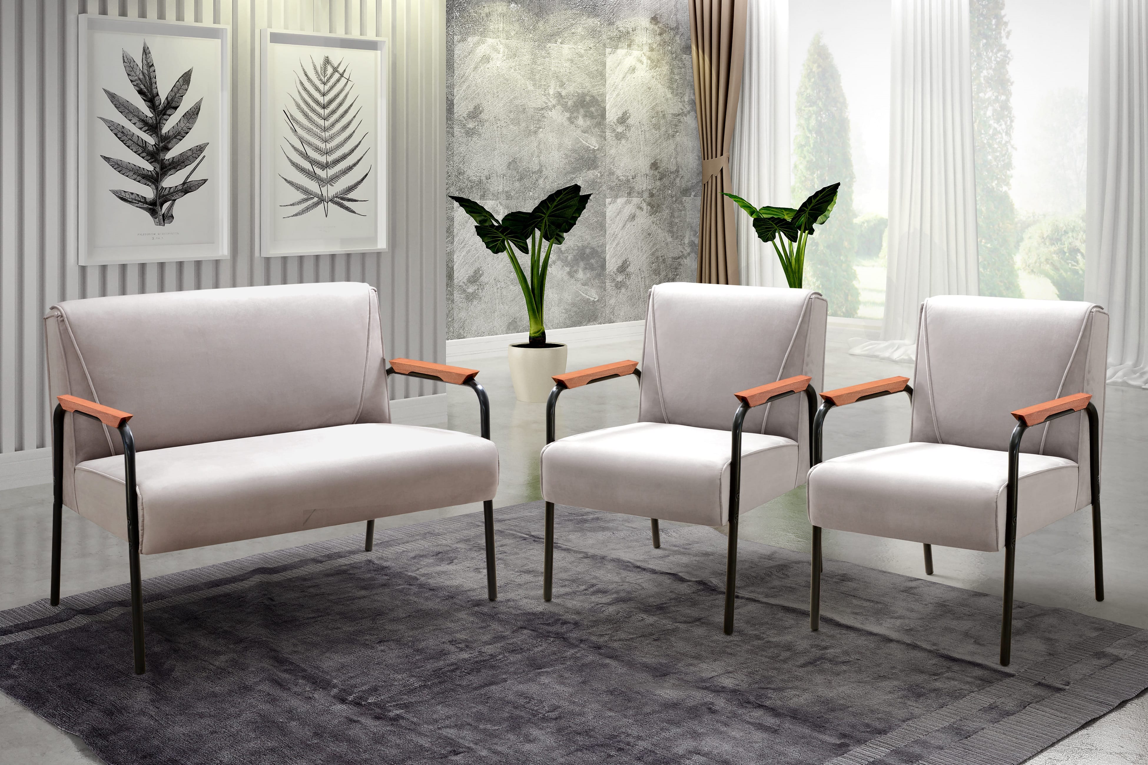 Conjunto Namoradeira 2 Lugares E 2 Poltronas Decorativas Jade - Suede Bege