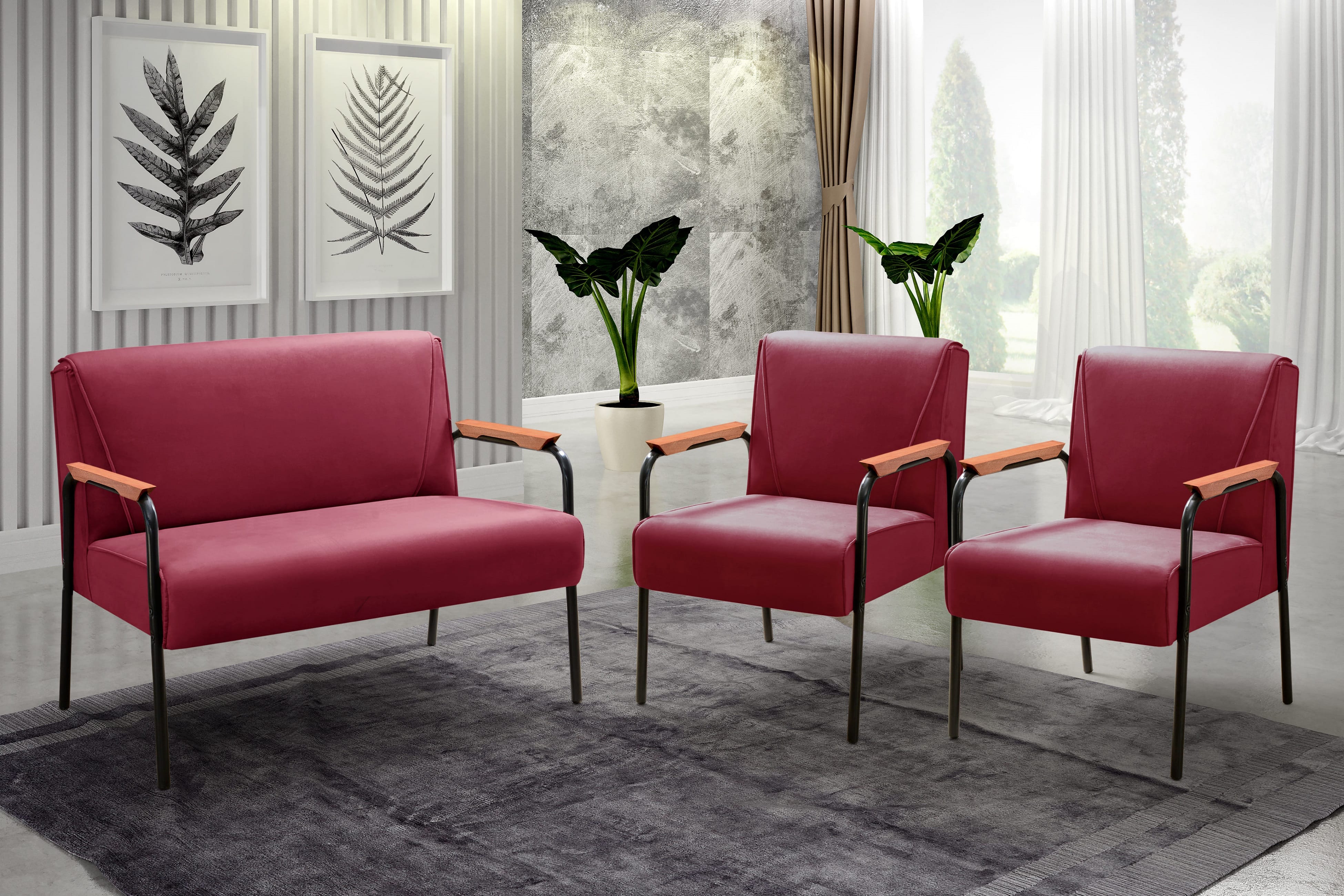 Conjunto Namoradeira 2 Lugares E 2 Poltronas Decorativas Jade - Suede Bordô