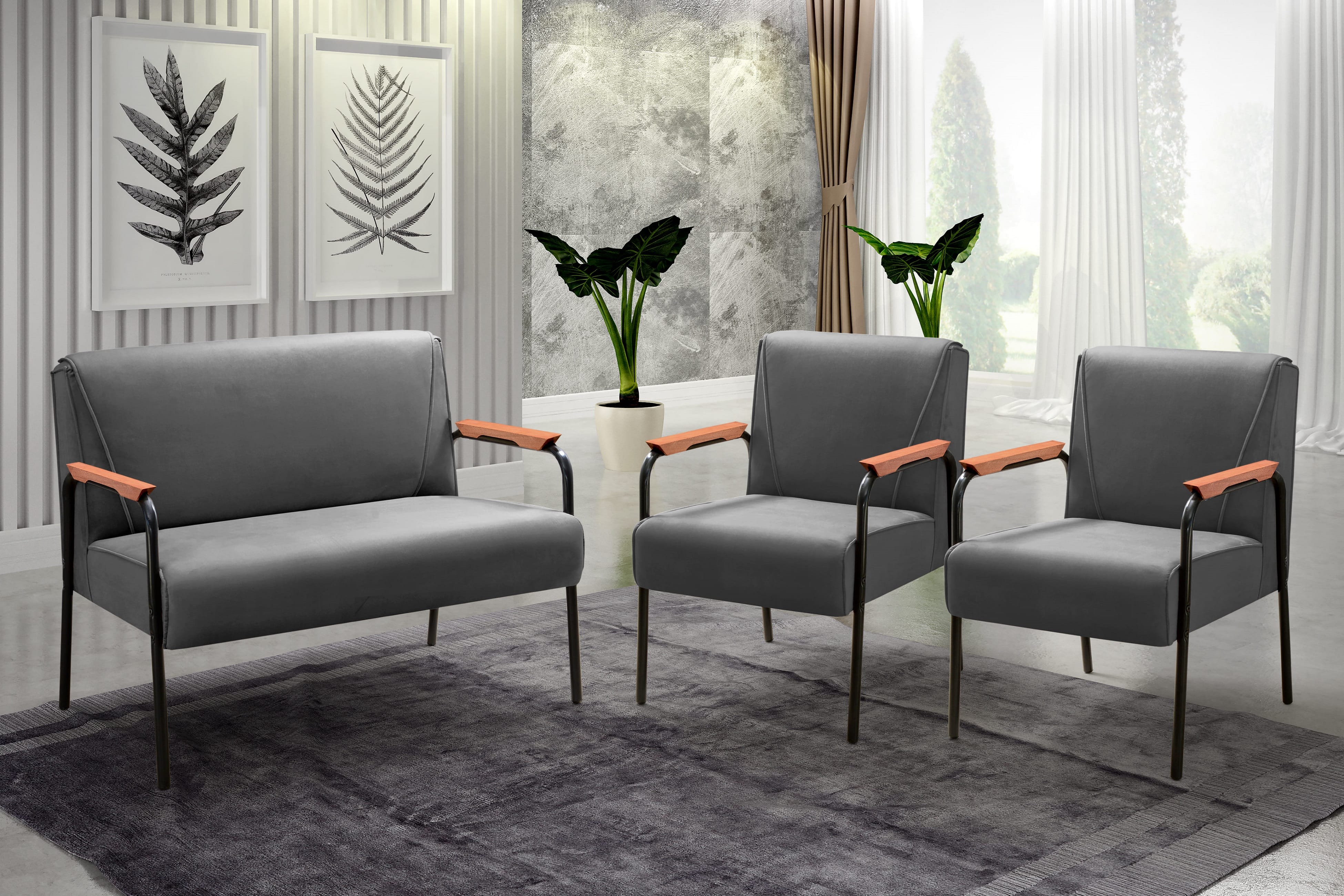 Conjunto Namoradeira 2 Lugares E 2 Poltronas Decorativas Jade - Suede Cinza