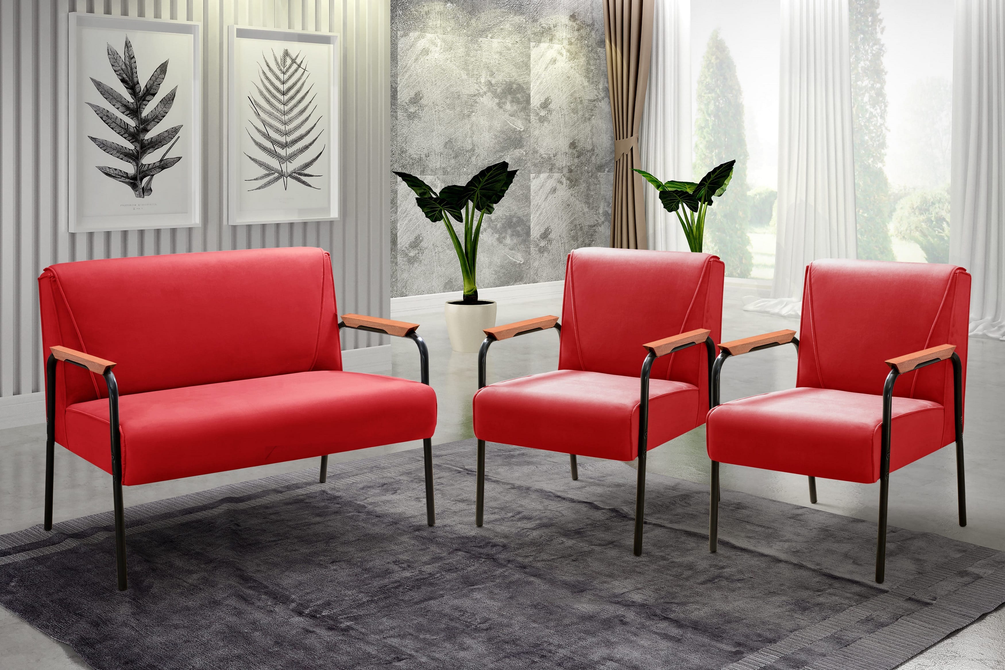 Conjunto Namoradeira 2 Lugares E 2 Poltronas Decorativas Jade - Suede Vermelho
