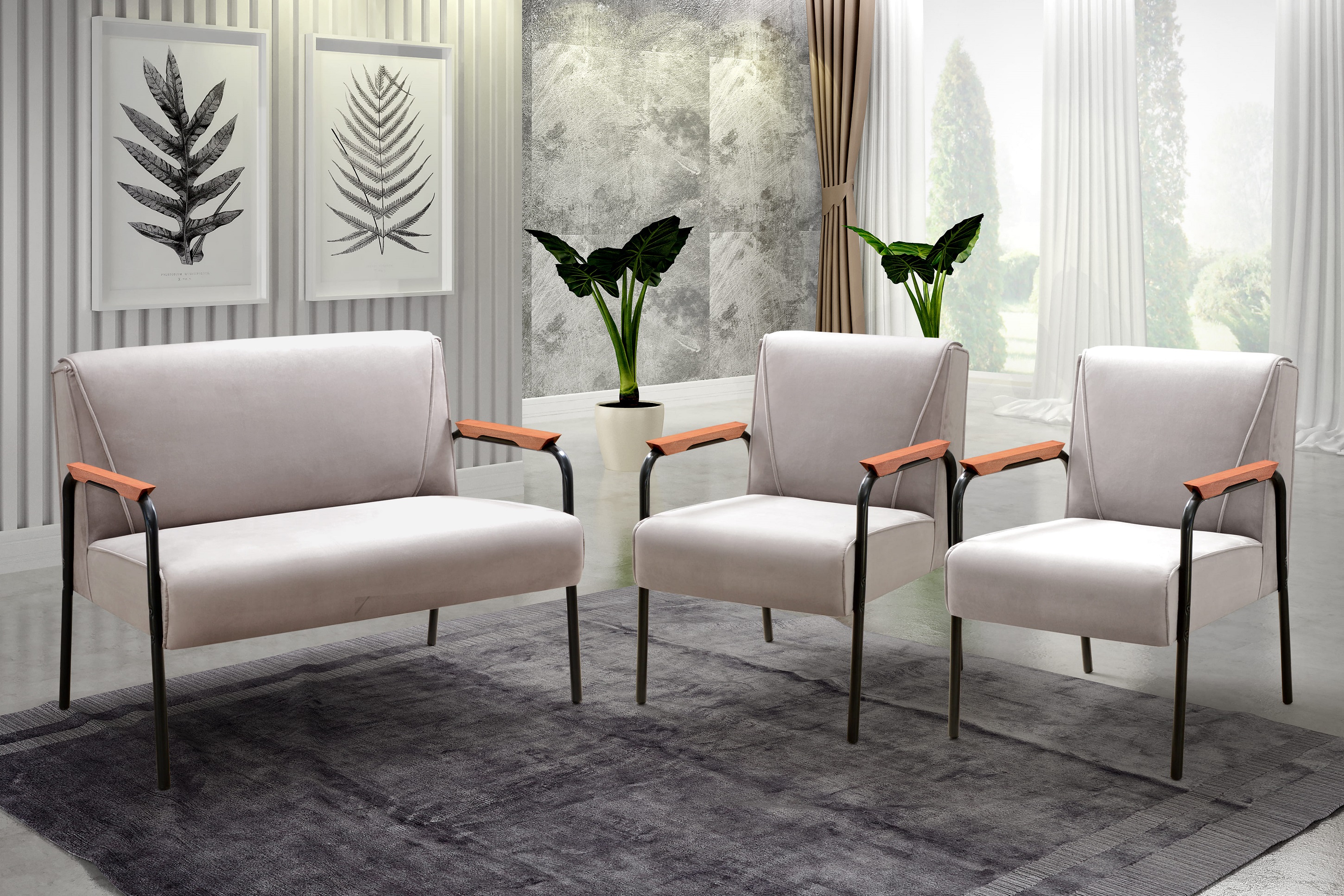 Conjunto Namoradeira 2 Lugares E 2 Poltronas Decorativas Jade - Veludo Capuccino