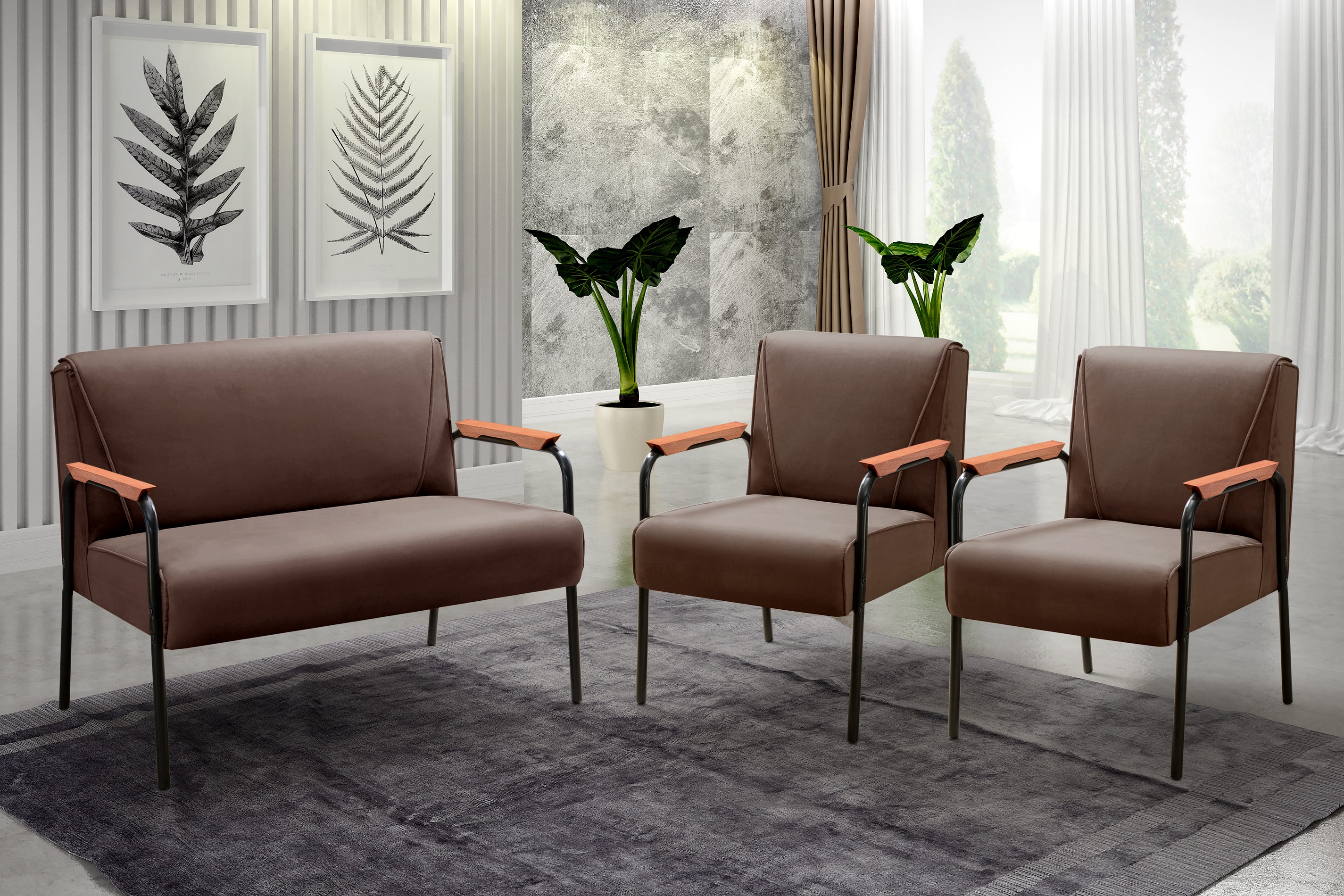 Conjunto Namoradeira 2 Lugares E 2 Poltronas Decorativas Jade - Veludo Marrom