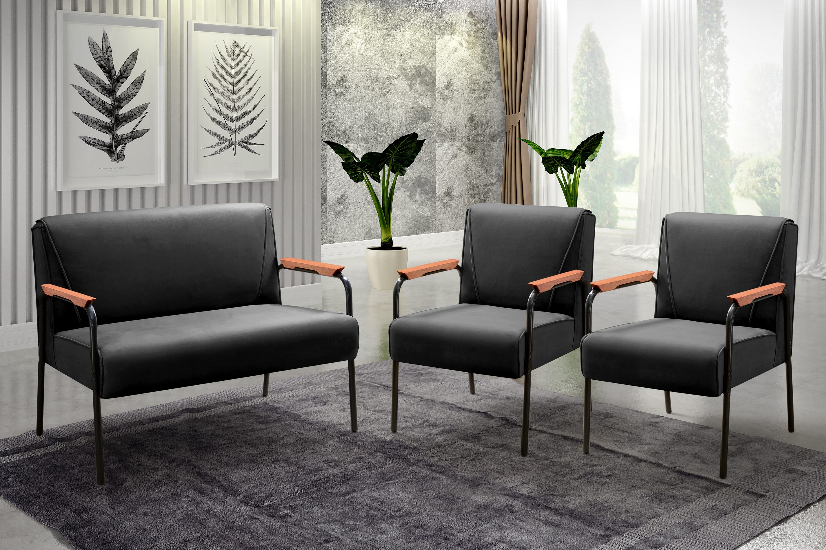 Conjunto Namoradeira 2 Lugares E 2 Poltronas Decorativas Jade - Veludo Preto