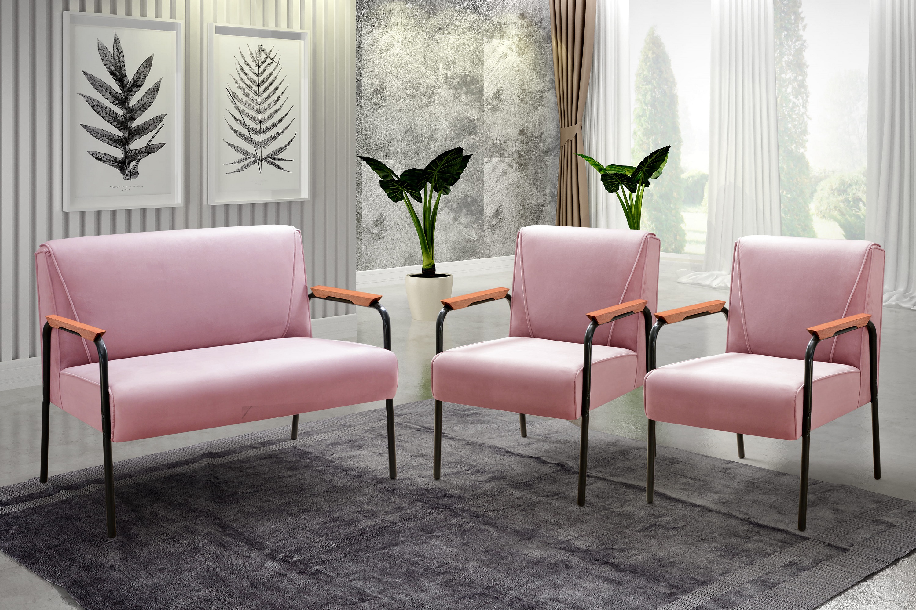 Conjunto Namoradeira 2 Lugares E 2 Poltronas Decorativas Jade - Veludo Rosê