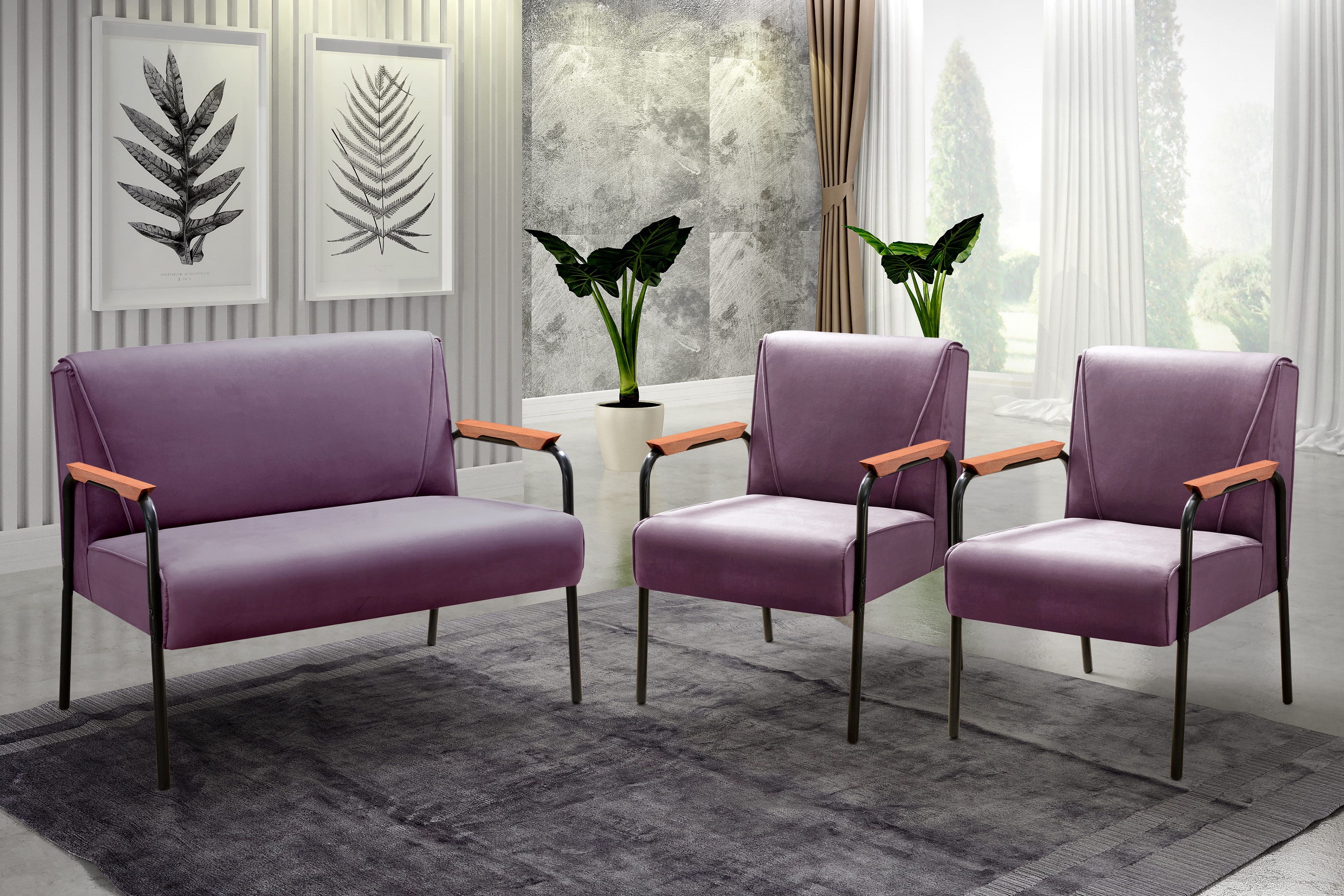 Conjunto Namoradeira 2 Lugares E 2 Poltronas Decorativas Jade - Veludo Roxo