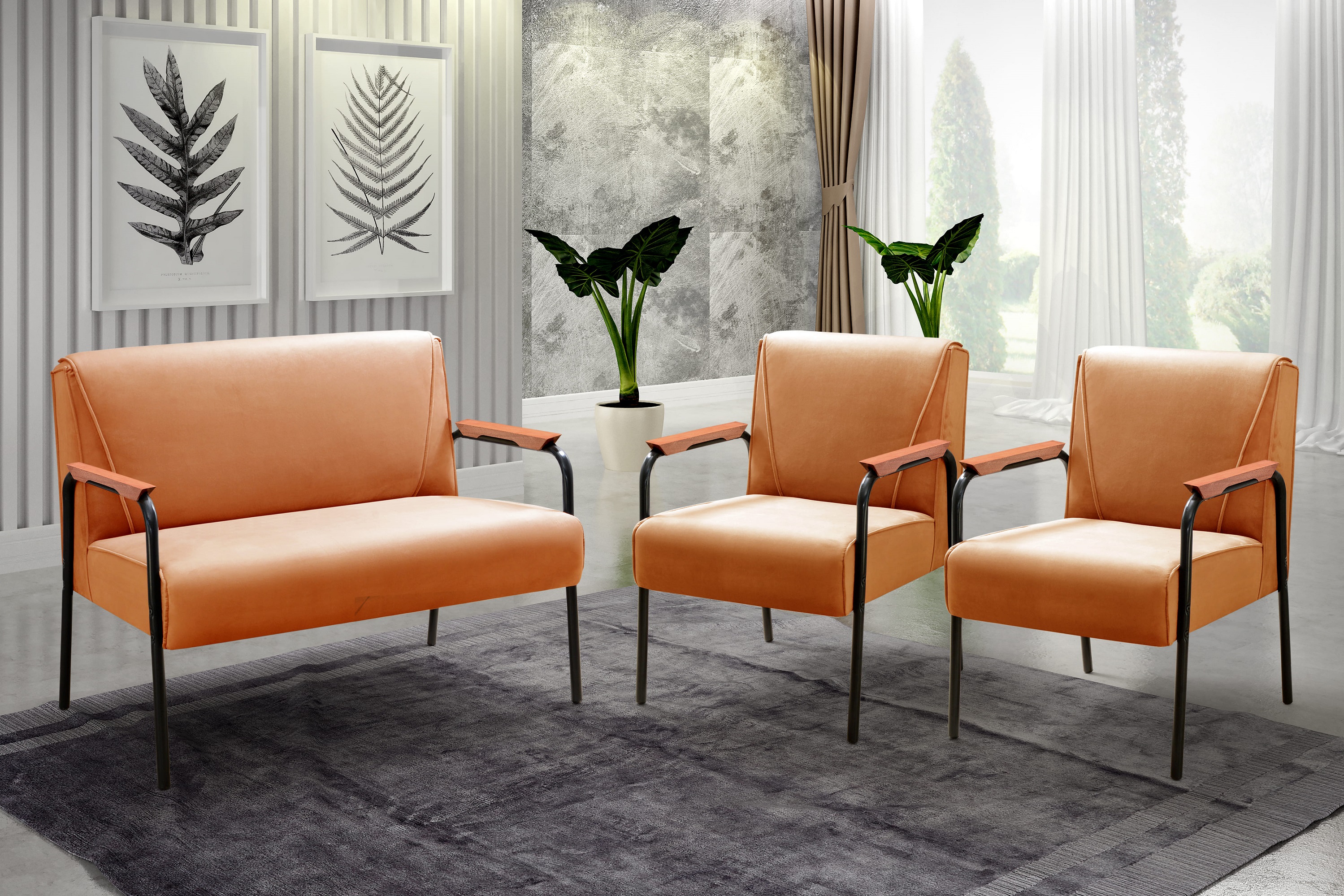 Conjunto Namoradeira 2 Lugares E 2 Poltronas Decorativas Jade - Veludo Terracota