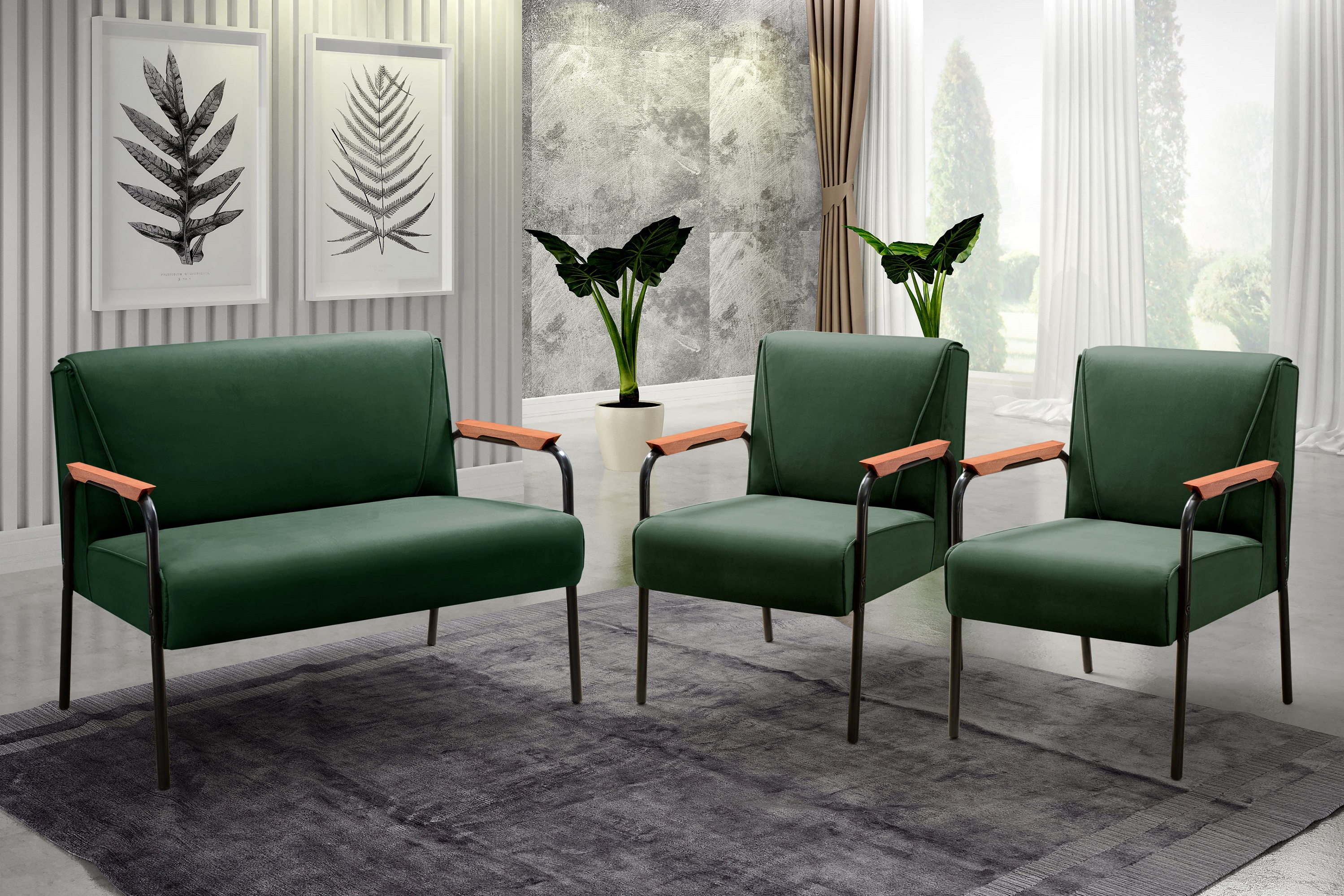Conjunto Namoradeira 2 Lugares E 2 Poltronas Decorativas Jade - Veludo Verde