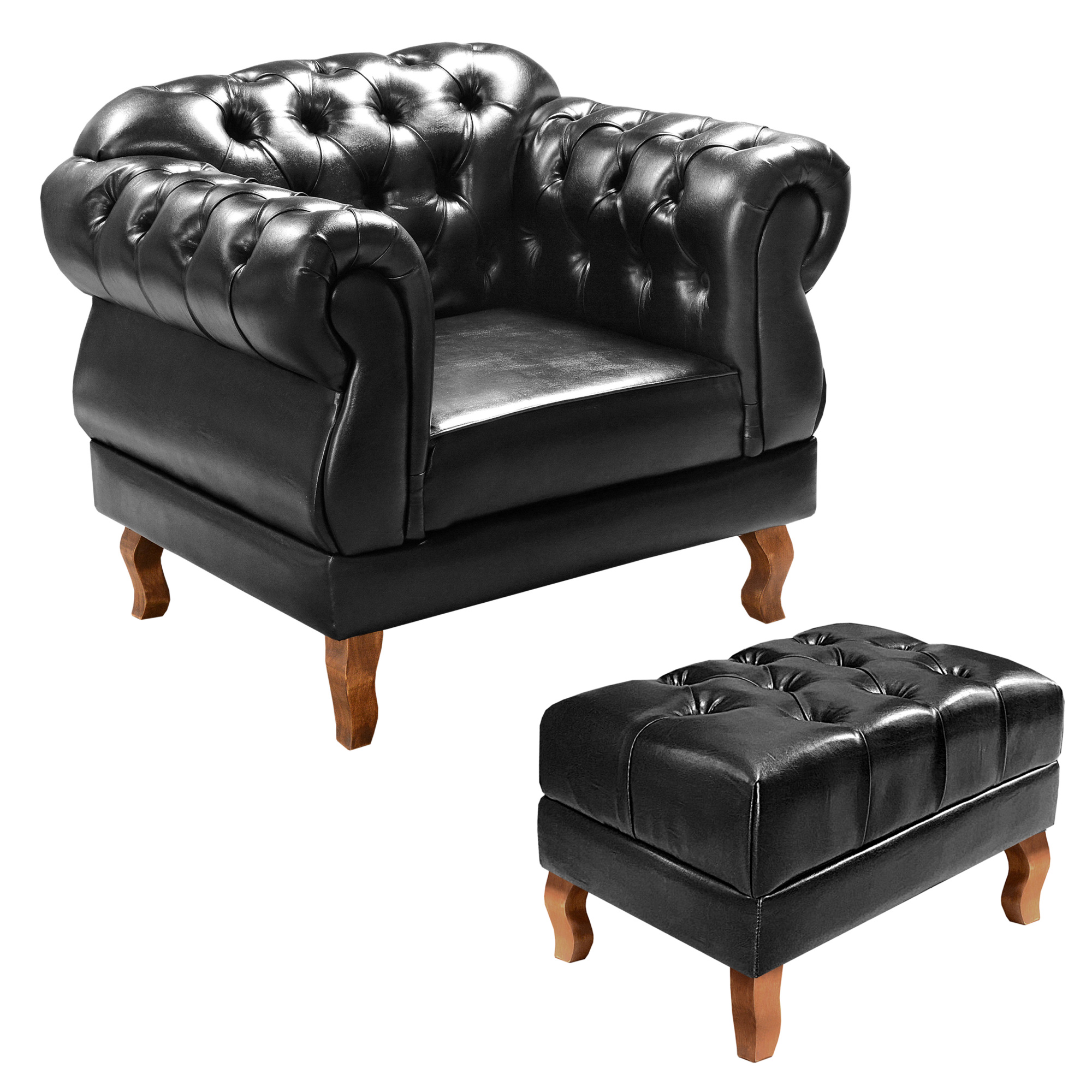 Conjunto Poltrona Duquesa E Puff Banqueta Chesterfield Capitonê Retrô - Preto